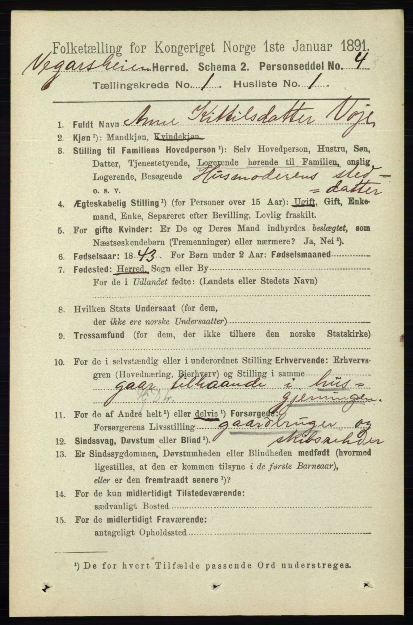 RA, 1891 census for 0912 Vegårshei, 1891, p. 69