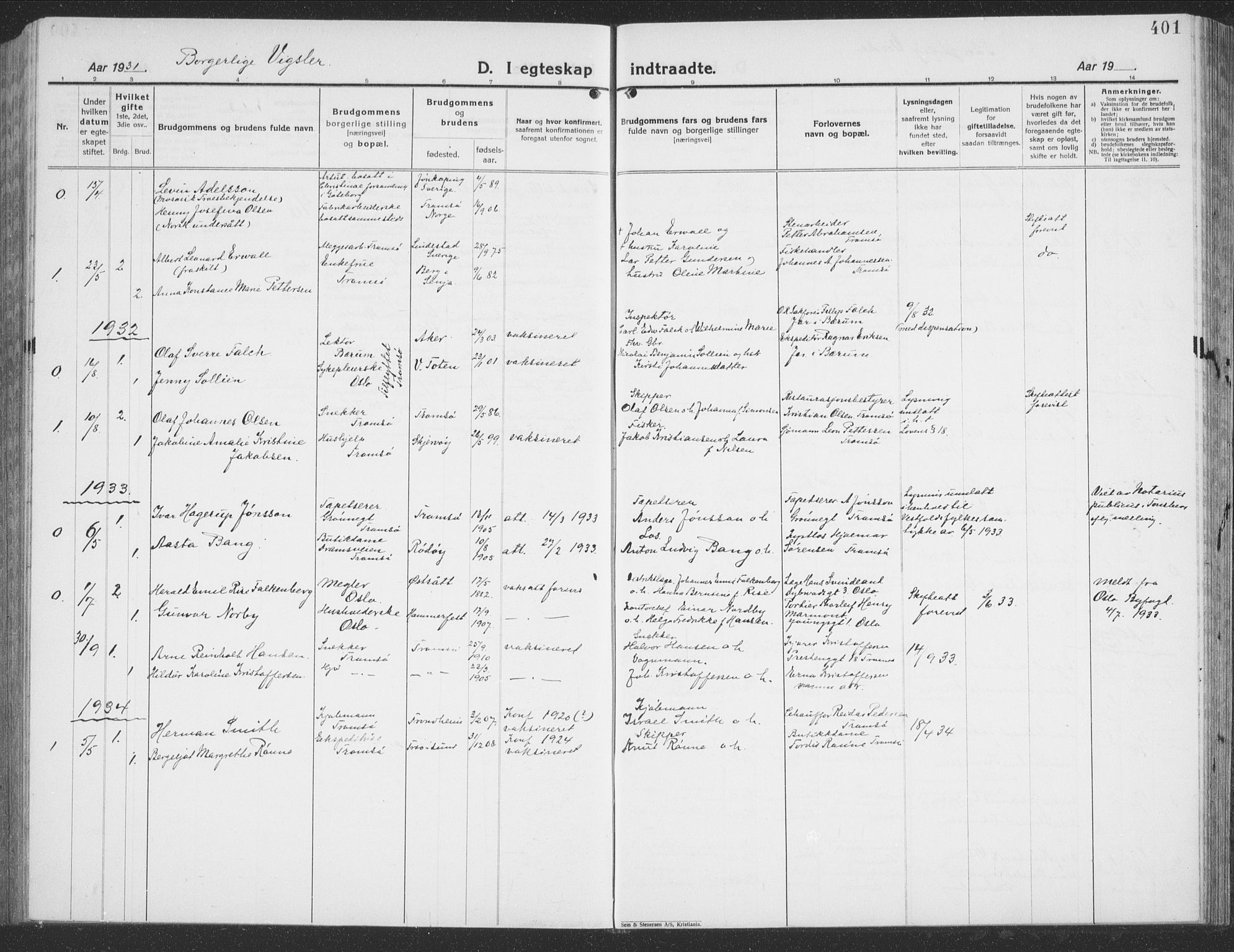 Tromsø sokneprestkontor/stiftsprosti/domprosti, AV/SATØ-S-1343/G/Gb/L0010klokker: Parish register (copy) no. 10, 1925-1937, p. 401