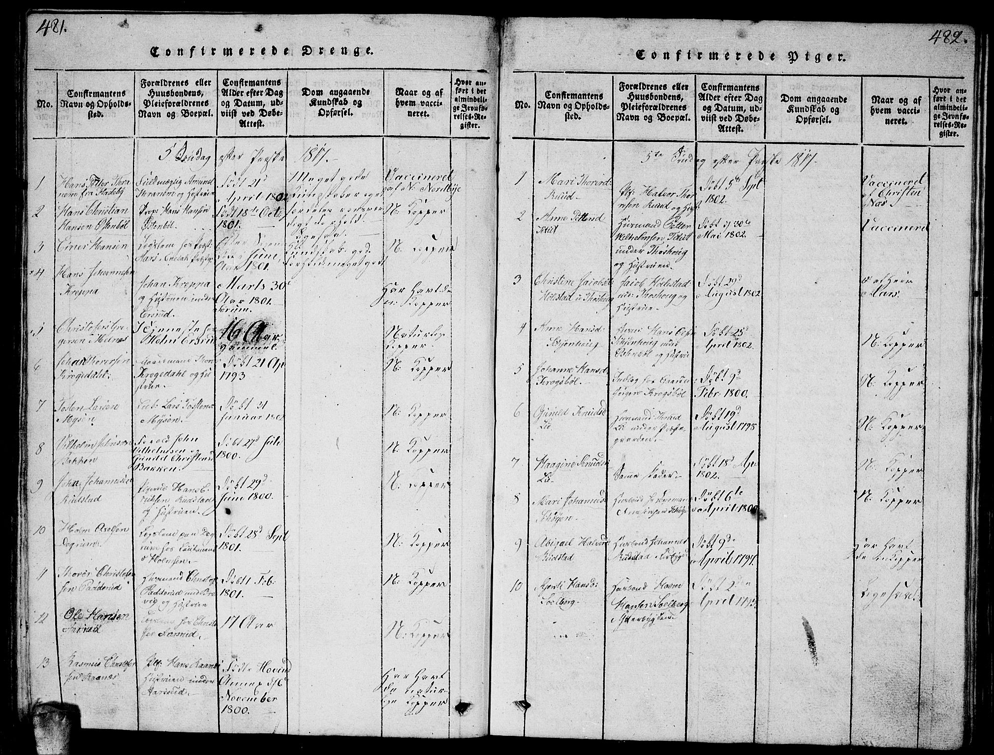 Enebakk prestekontor Kirkebøker, AV/SAO-A-10171c/G/Ga/L0001: Parish register (copy) no. I 1, 1815-1833, p. 481-482