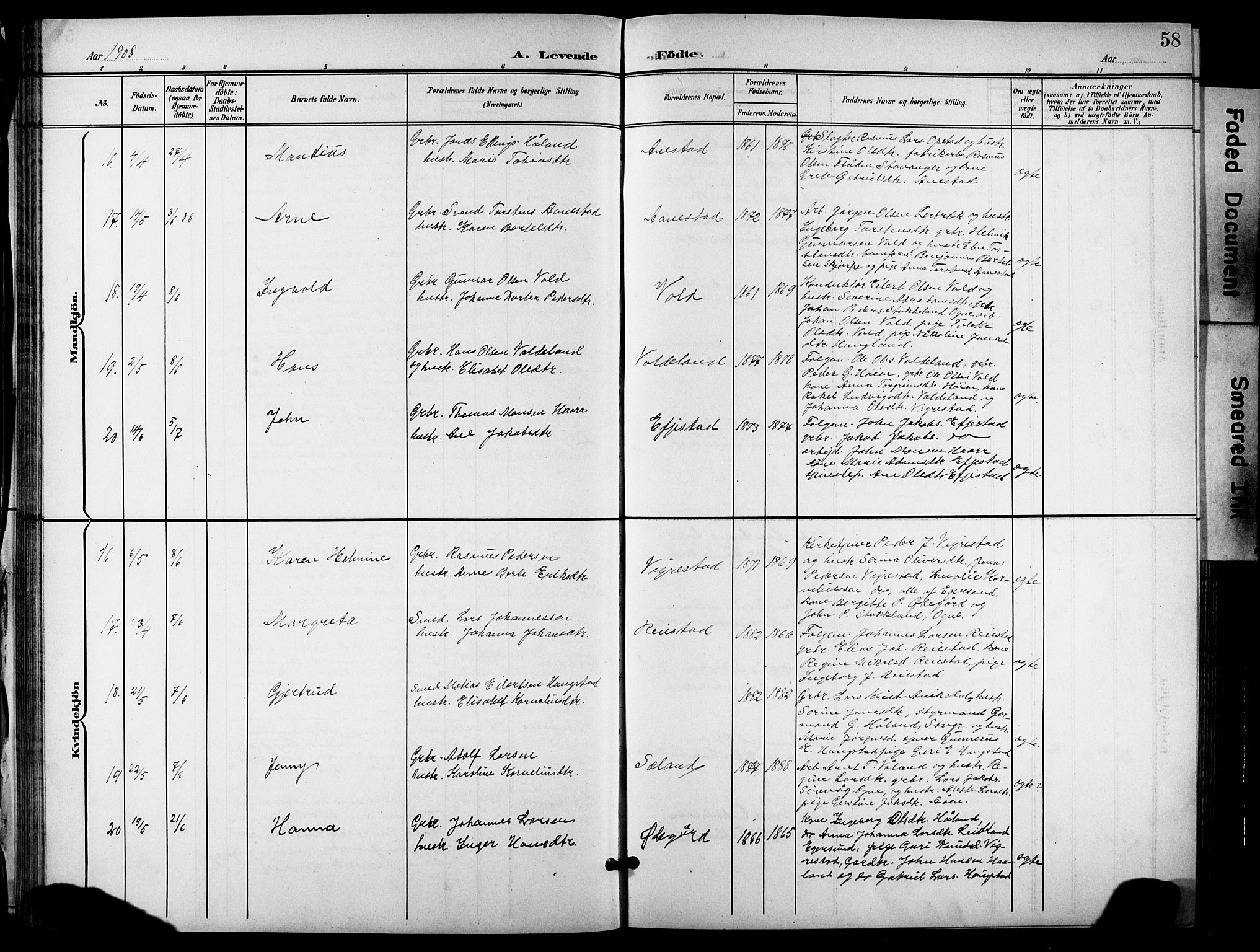 Hå sokneprestkontor, AV/SAST-A-101801/001/30BB/L0006: Parish register (copy) no. B 6, 1900-1924, p. 58