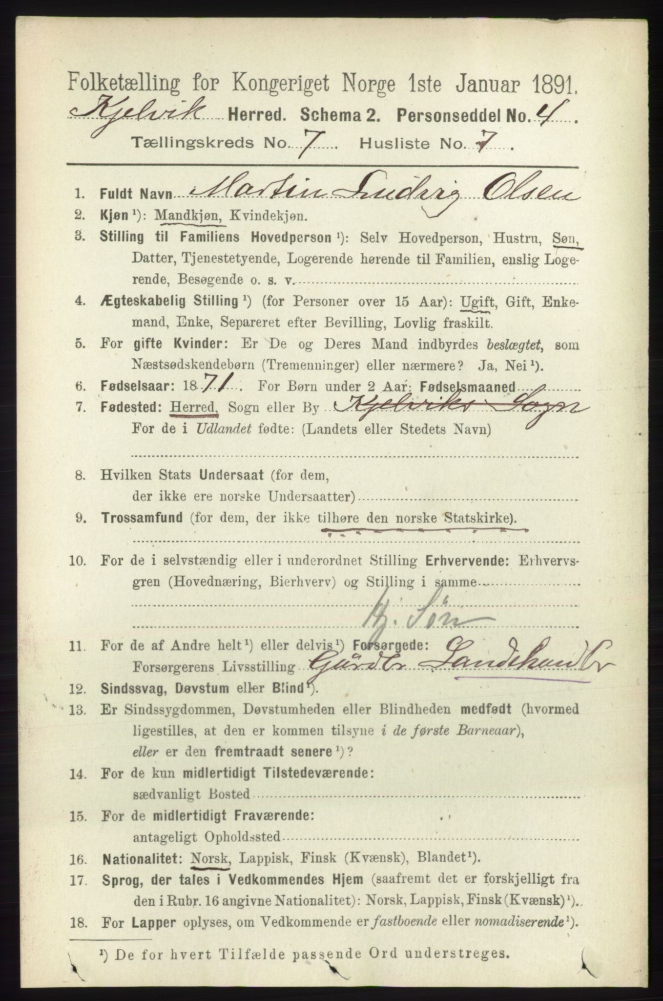 RA, 1891 census for 2019 Kjelvik, 1891, p. 928