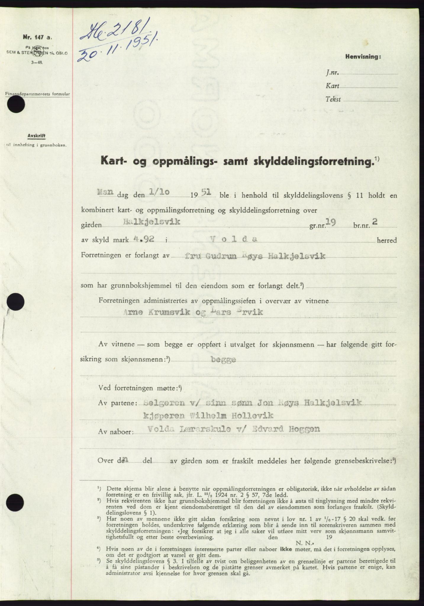 Søre Sunnmøre sorenskriveri, AV/SAT-A-4122/1/2/2C/L0090: Mortgage book no. 16A, 1951-1951, Diary no: : 2181/1951