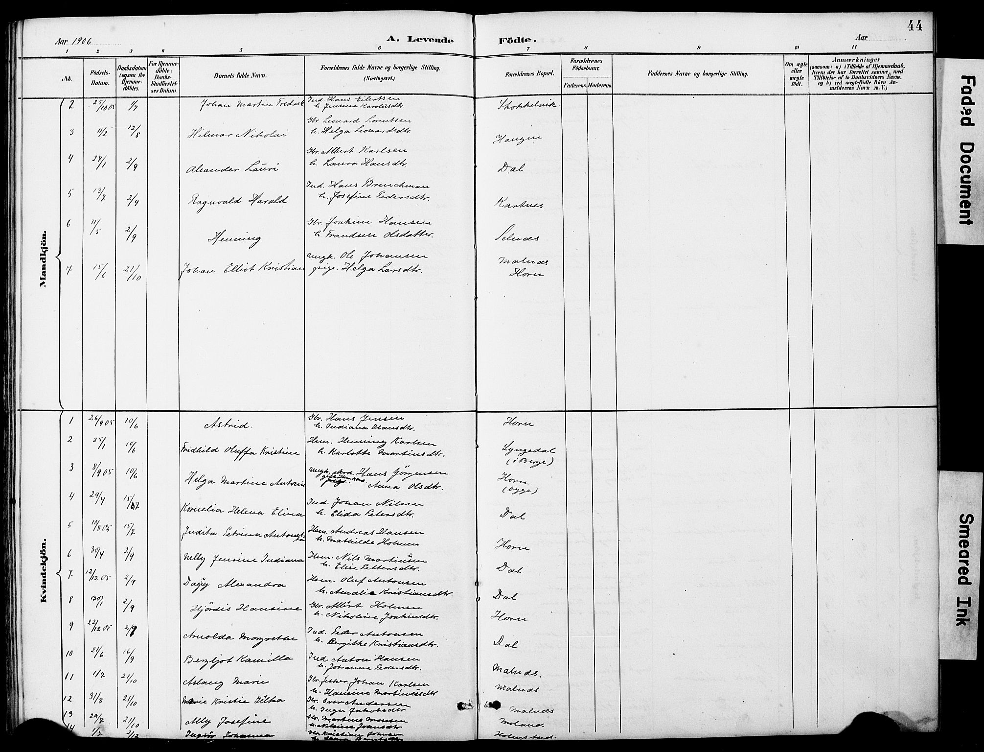 Ministerialprotokoller, klokkerbøker og fødselsregistre - Nordland, AV/SAT-A-1459/884/L1197: Parish register (copy) no. 884C03, 1888-1926, p. 44