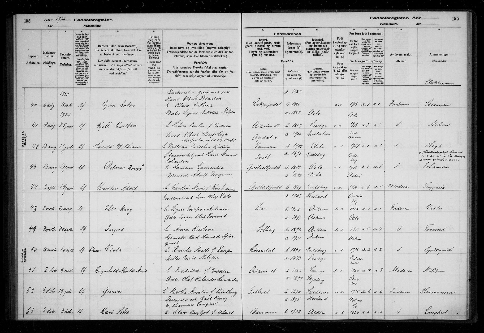 Askim prestekontor Kirkebøker, AV/SAO-A-10900/J/Ja/L0001: Birth register no. 1, 1916-1929, p. 155