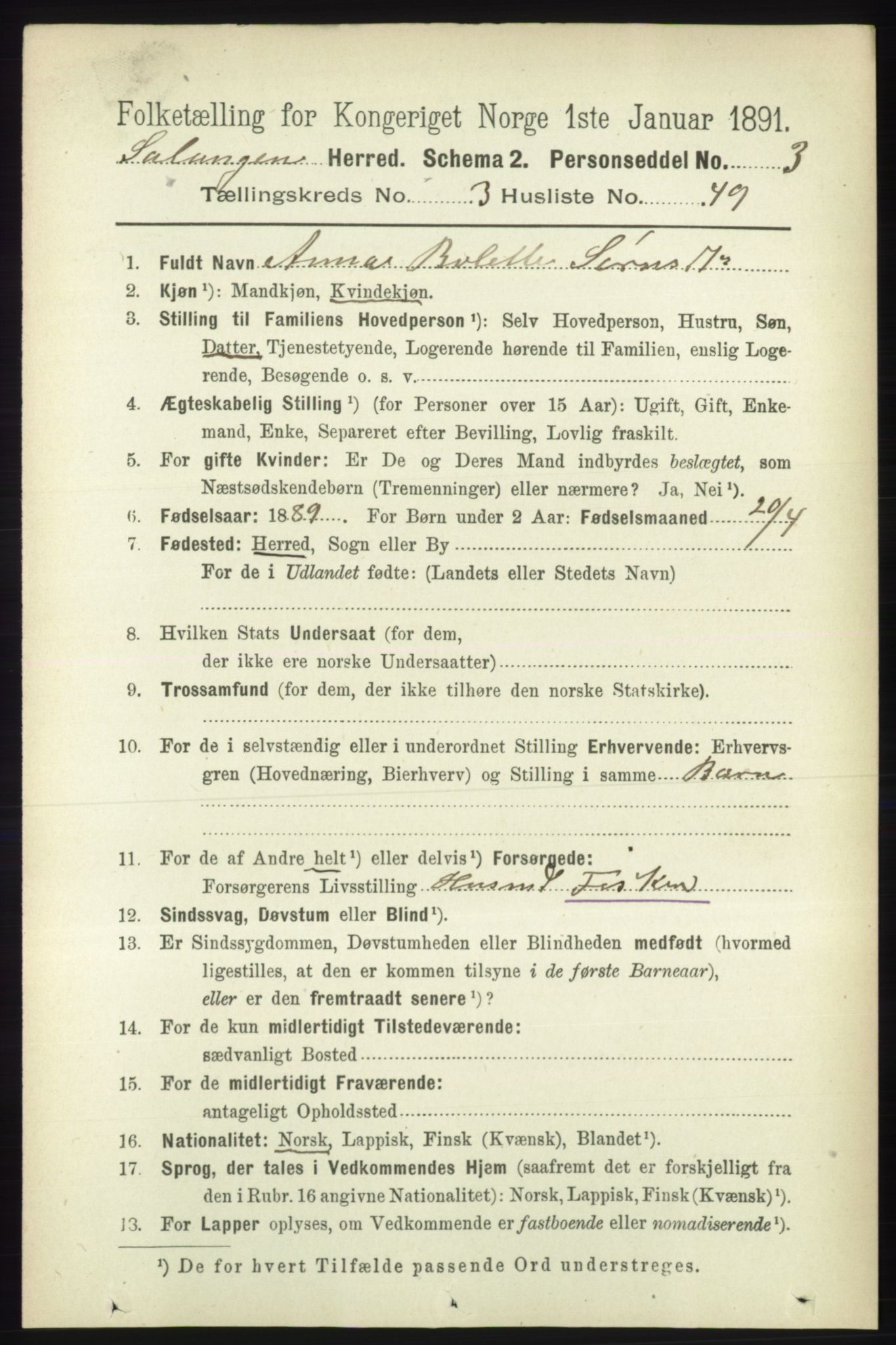 RA, 1891 census for 1921 Salangen, 1891, p. 1505