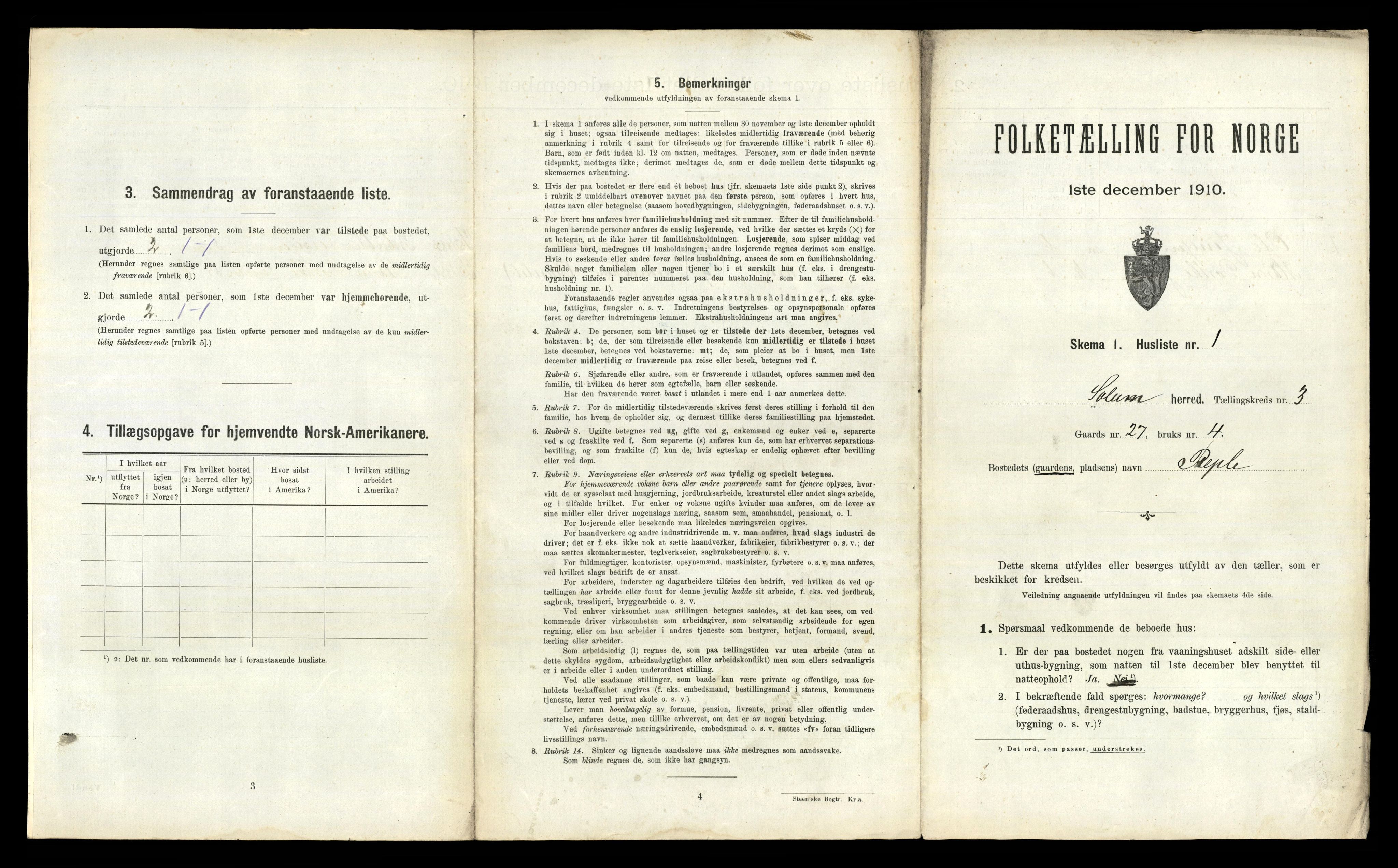 RA, 1910 census for Solum, 1910, p. 609