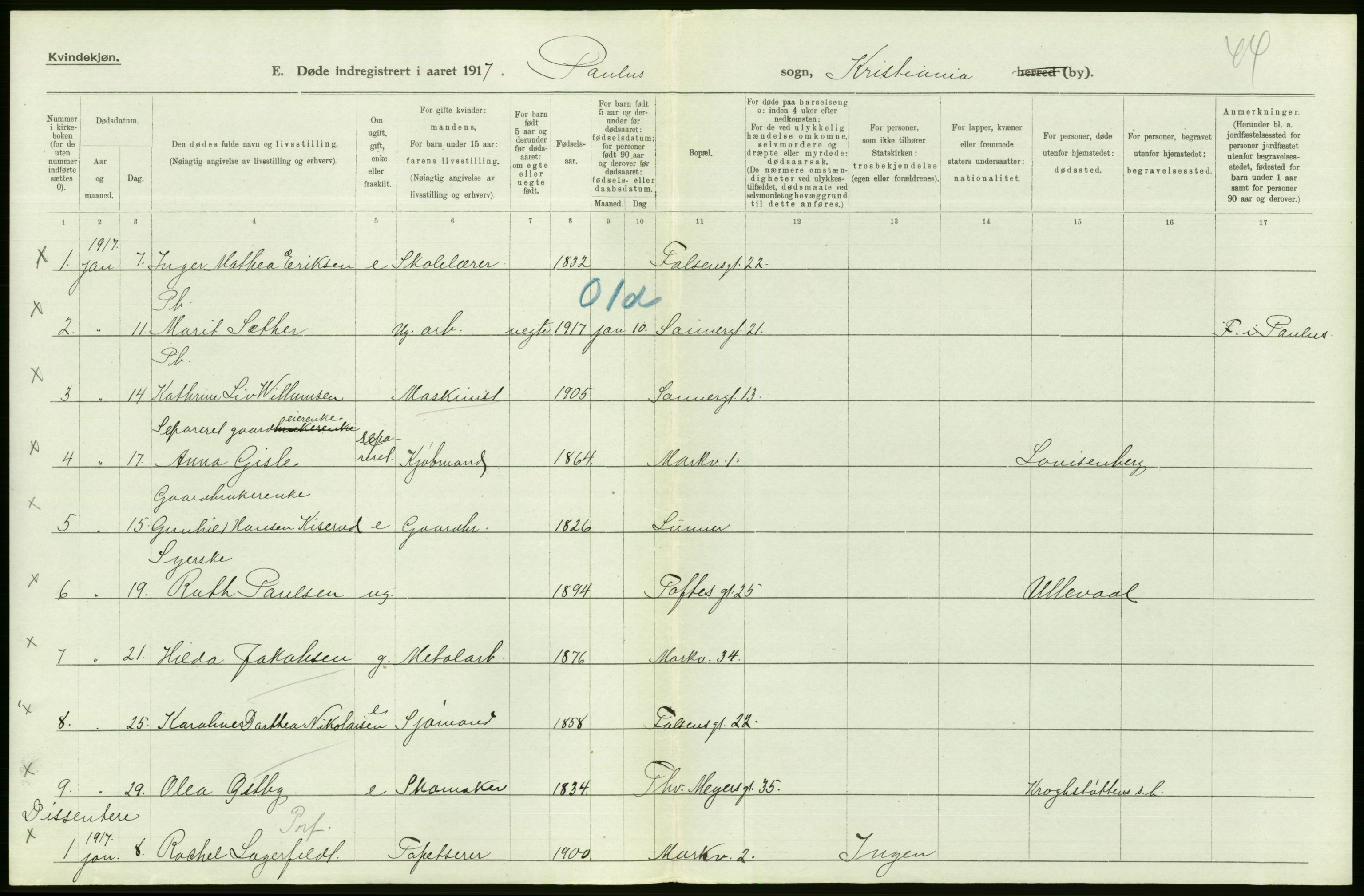 Statistisk sentralbyrå, Sosiodemografiske emner, Befolkning, RA/S-2228/D/Df/Dfb/Dfbg/L0010: Kristiania: Døde, 1917, p. 184