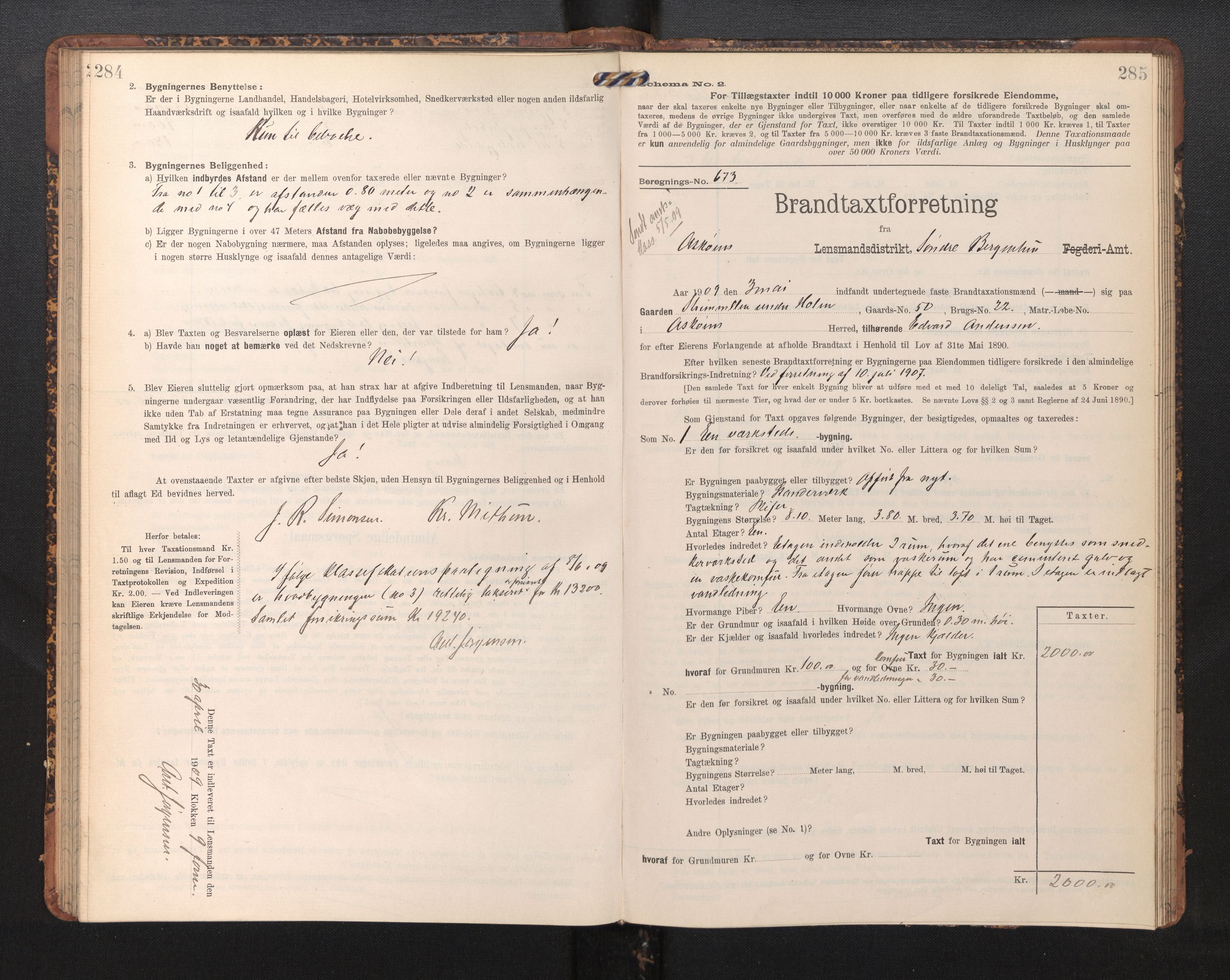 Lensmannen i Askøy, AV/SAB-A-31001/0012/L0006: Branntakstprotokoll, skjematakst, Laksevåg, 1907-1917, p. 284-285