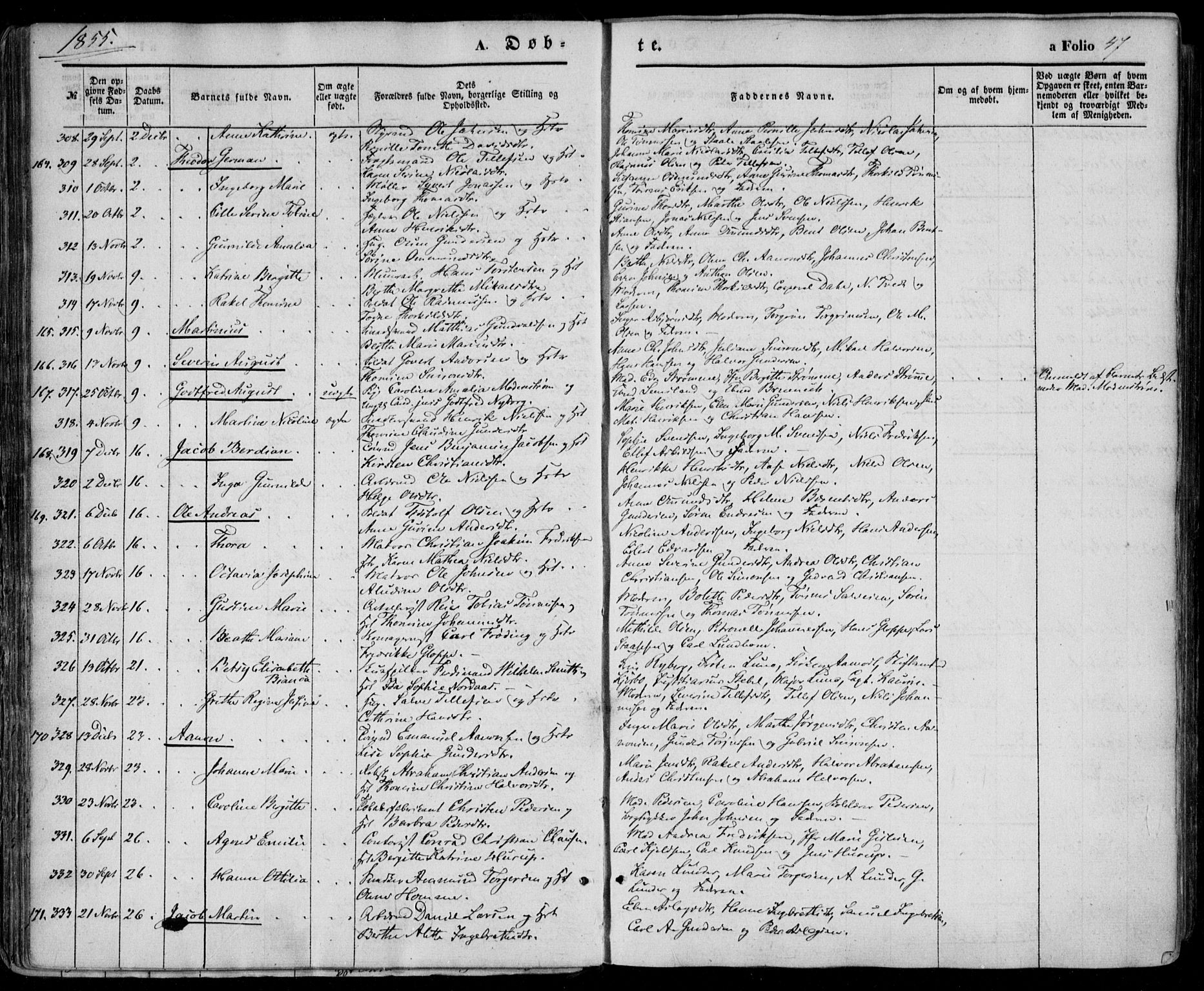 Kristiansand domprosti, SAK/1112-0006/F/Fa/L0014: Parish register (official) no. A 14, 1852-1867, p. 47