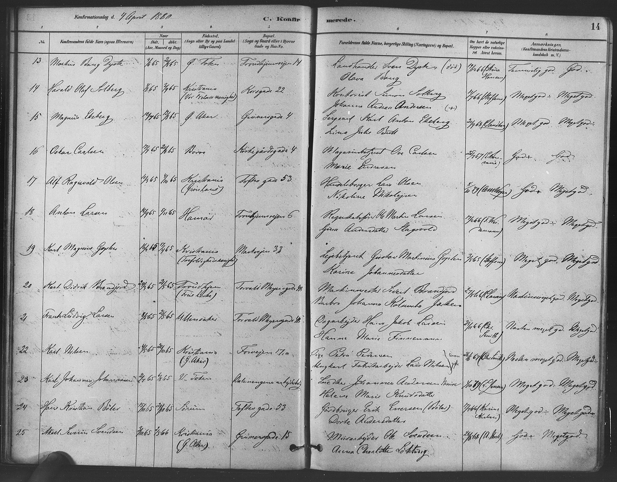 Paulus prestekontor Kirkebøker, AV/SAO-A-10871/F/Fa/L0004: Parish register (official) no. 4, 1879-1891, p. 14