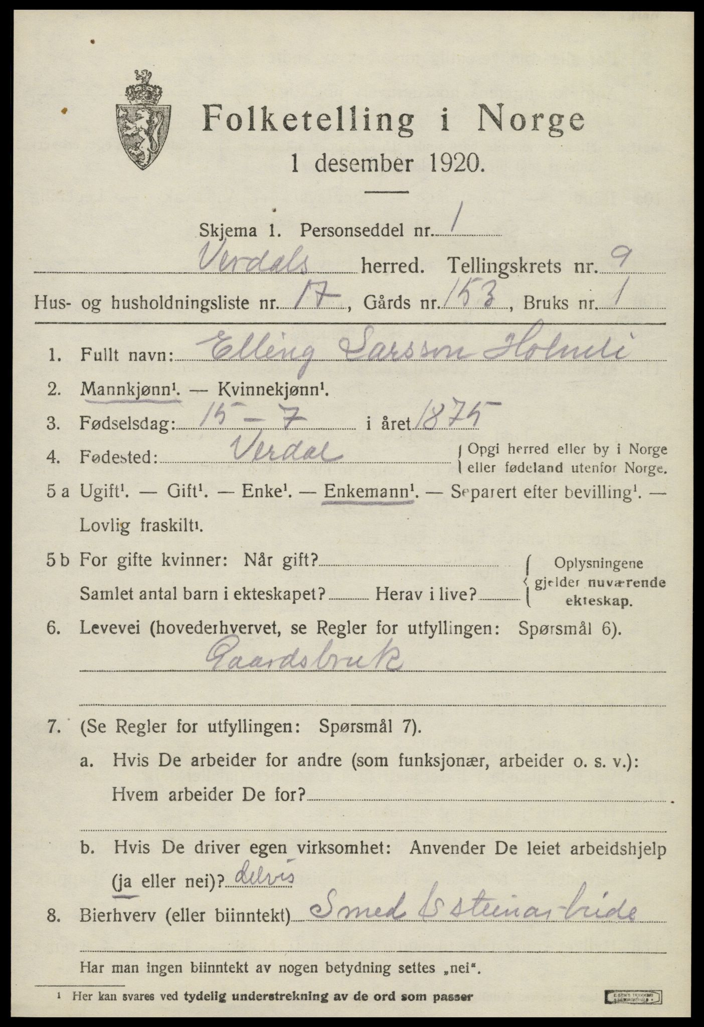 SAT, 1920 census for Verdal, 1920, p. 11591