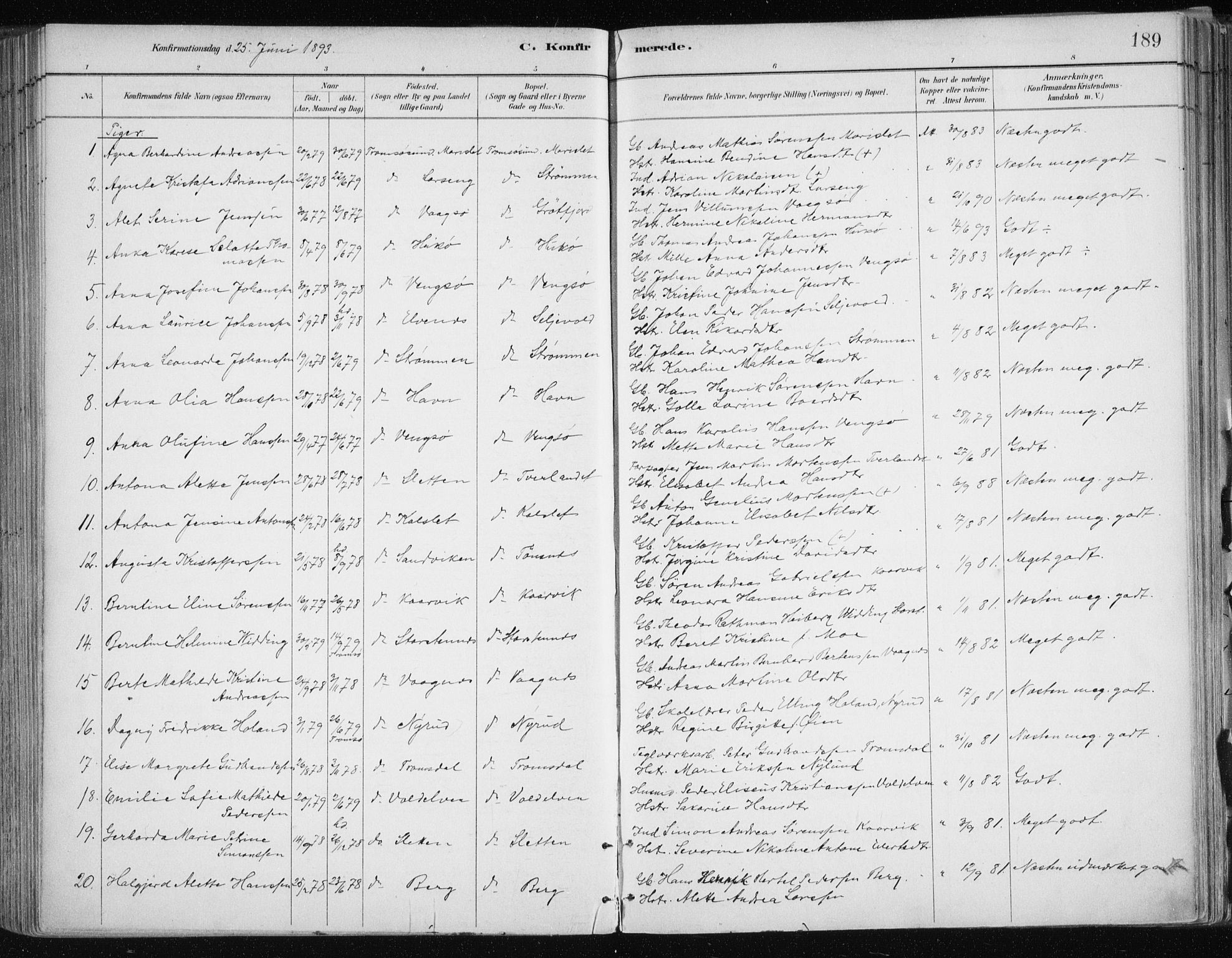 Tromsøysund sokneprestkontor, SATØ/S-1304/G/Ga/L0005kirke: Parish register (official) no. 5, 1888-1896, p. 189