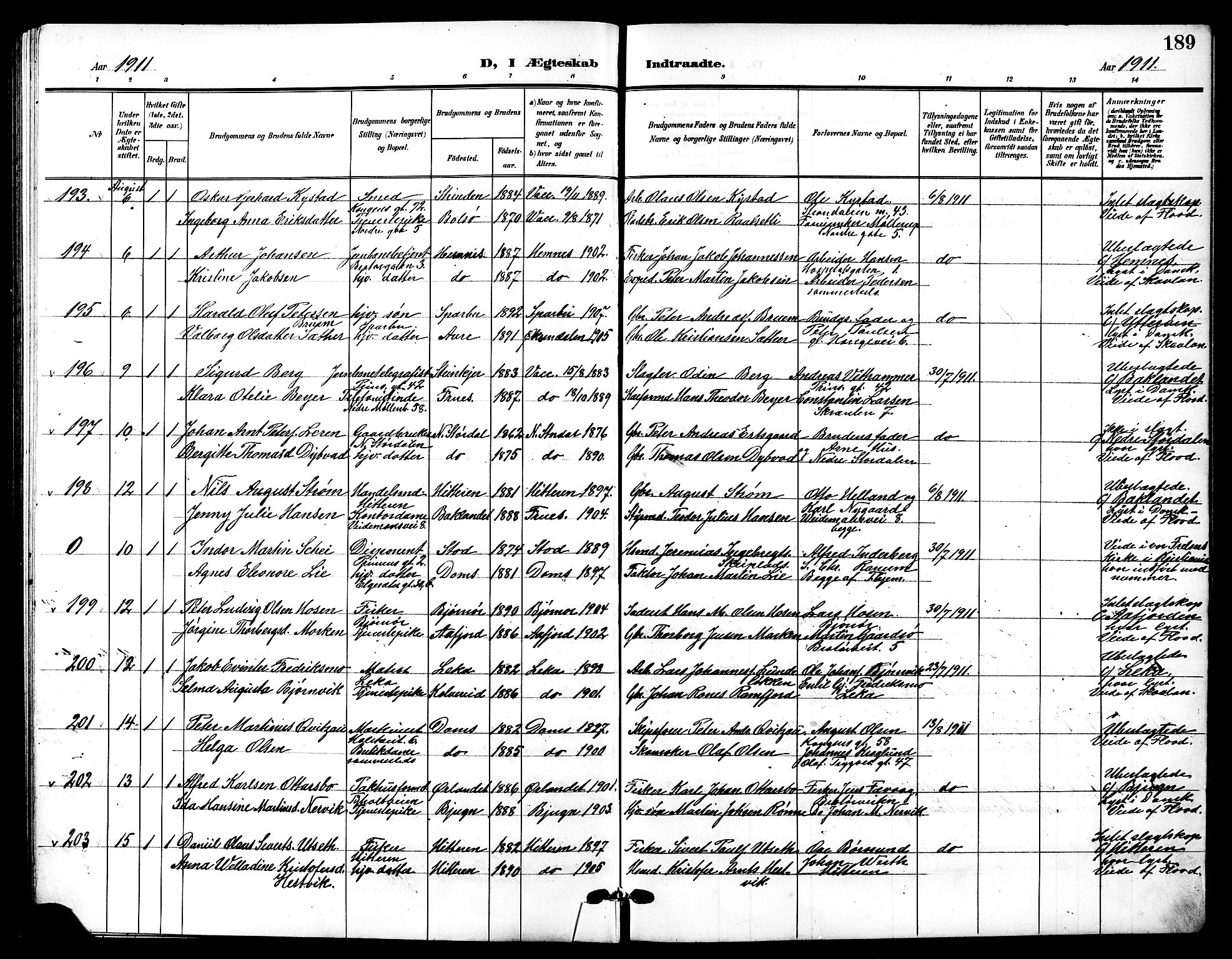 Ministerialprotokoller, klokkerbøker og fødselsregistre - Sør-Trøndelag, AV/SAT-A-1456/601/L0095: Parish register (copy) no. 601C13, 1902-1911, p. 189