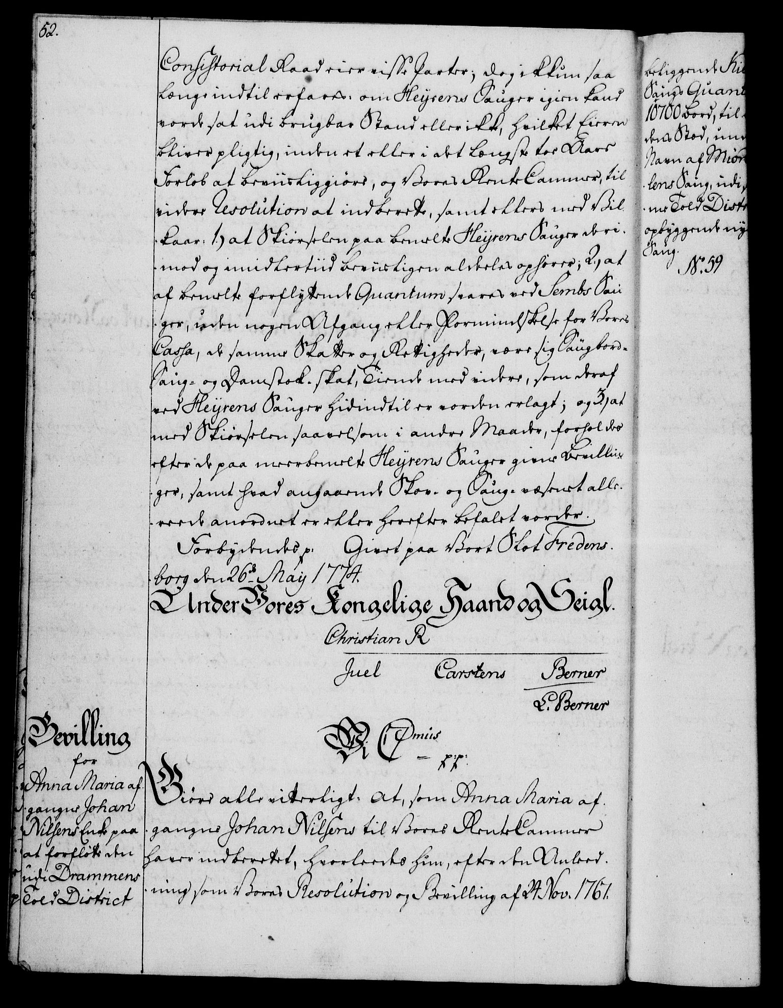 Rentekammeret, Kammerkanselliet, AV/RA-EA-3111/G/Gg/Gga/L0010: Norsk ekspedisjonsprotokoll med register (merket RK 53.10), 1773-1778, p. 52