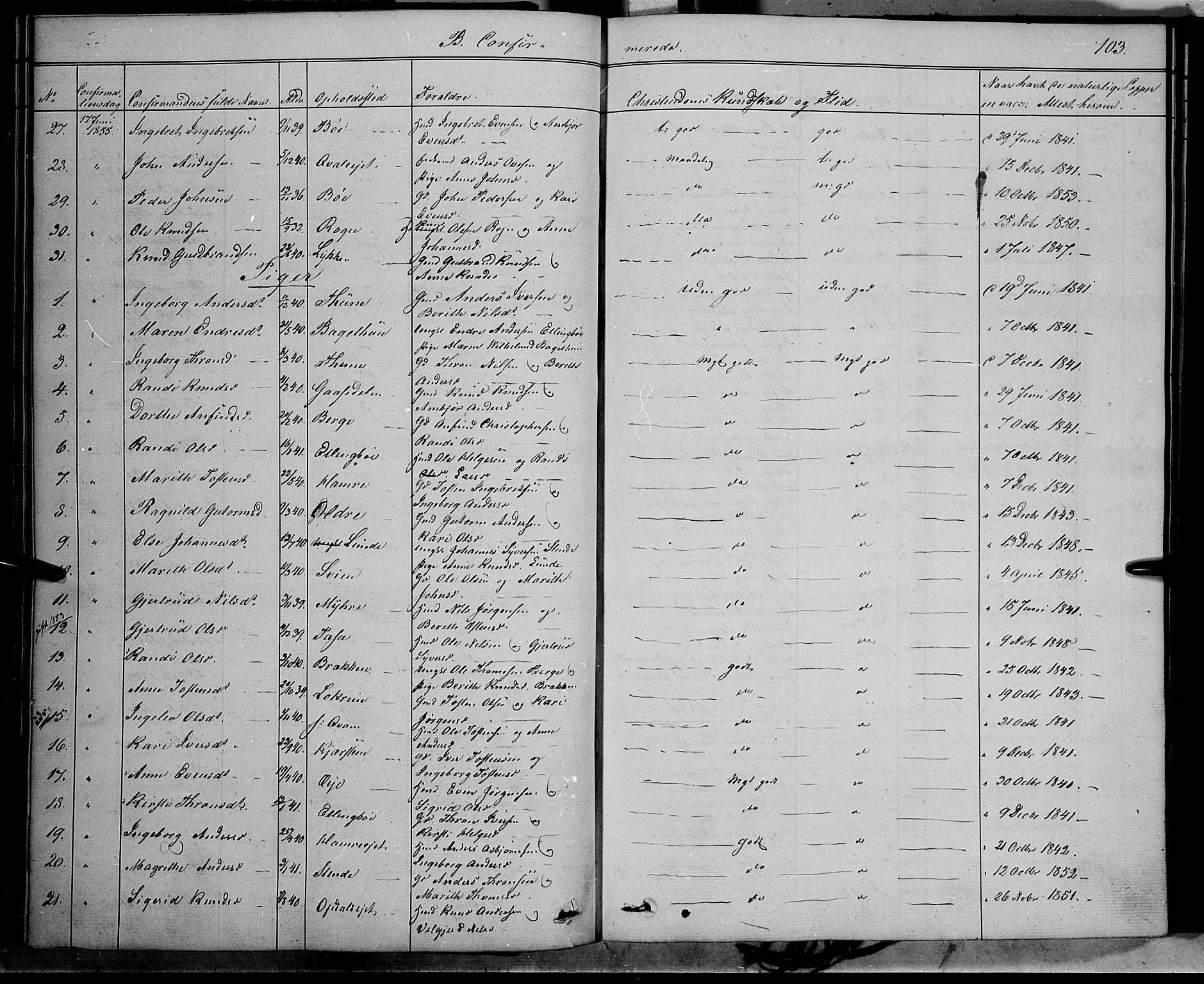 Vang prestekontor, Valdres, SAH/PREST-140/H/Ha/L0006: Parish register (official) no. 6, 1846-1864, p. 103