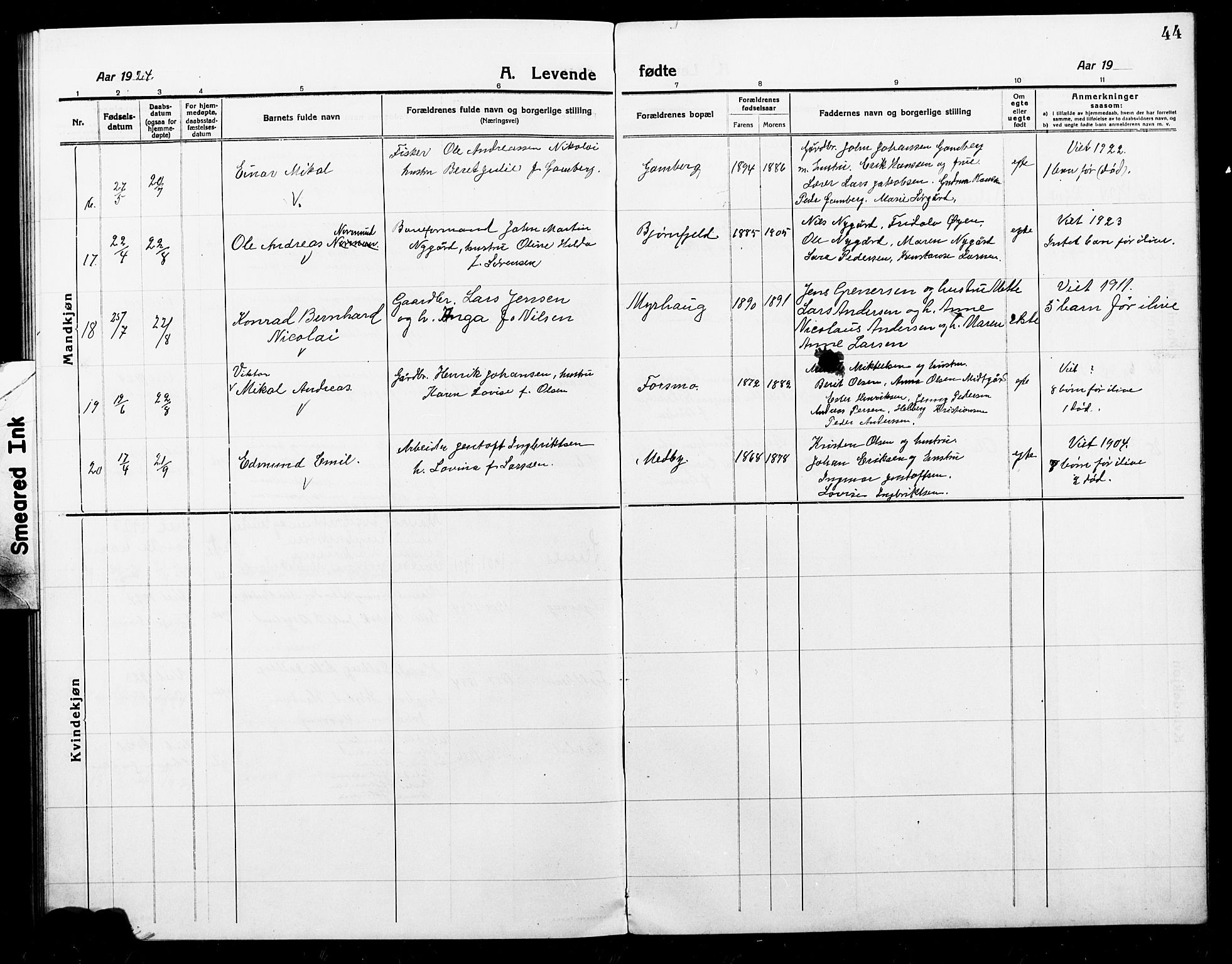 Ministerialprotokoller, klokkerbøker og fødselsregistre - Nordland, AV/SAT-A-1459/868/L0969: Parish register (copy) no. 868C01, 1914-1925, p. 44