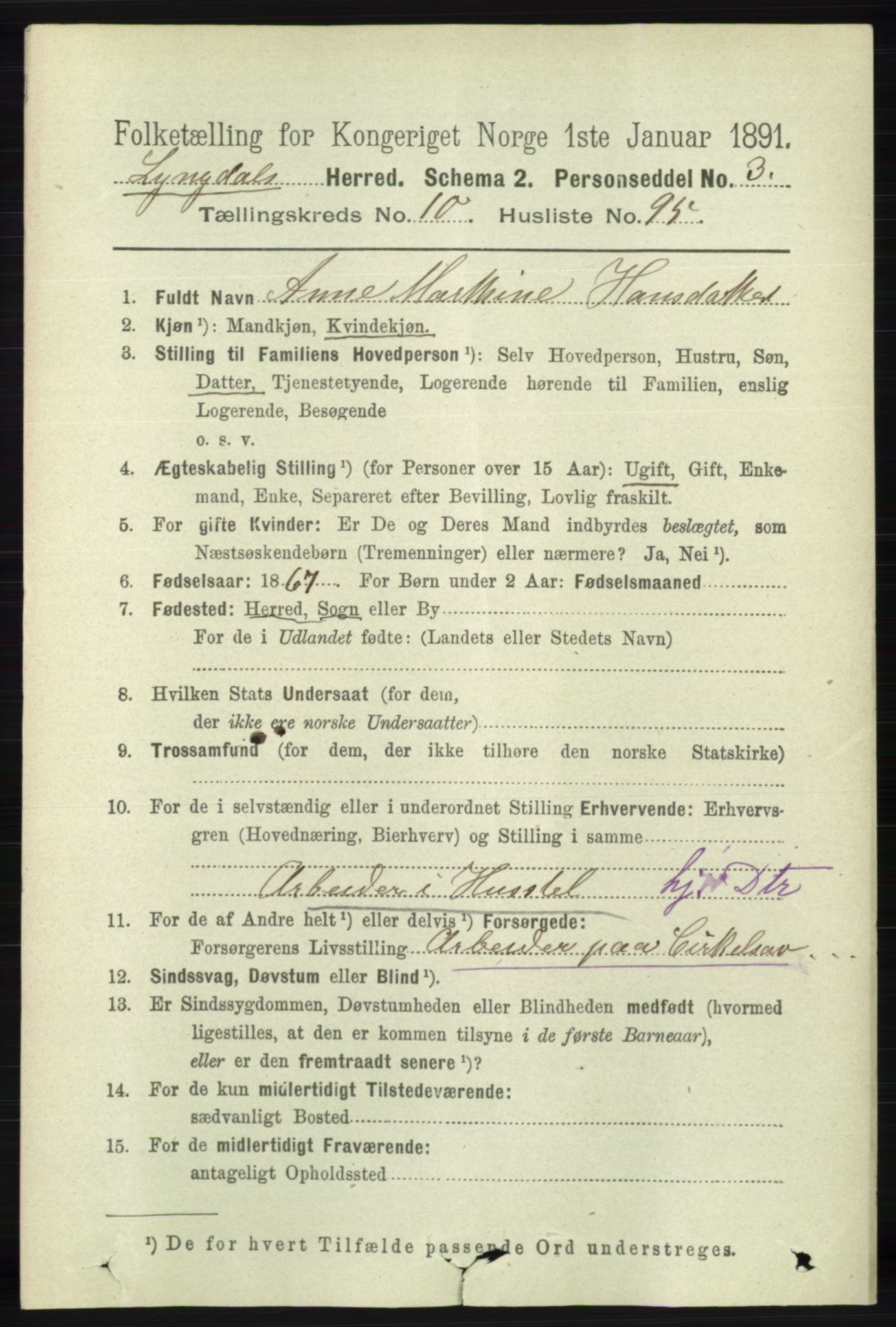 RA, 1891 census for 1032 Lyngdal, 1891, p. 4728