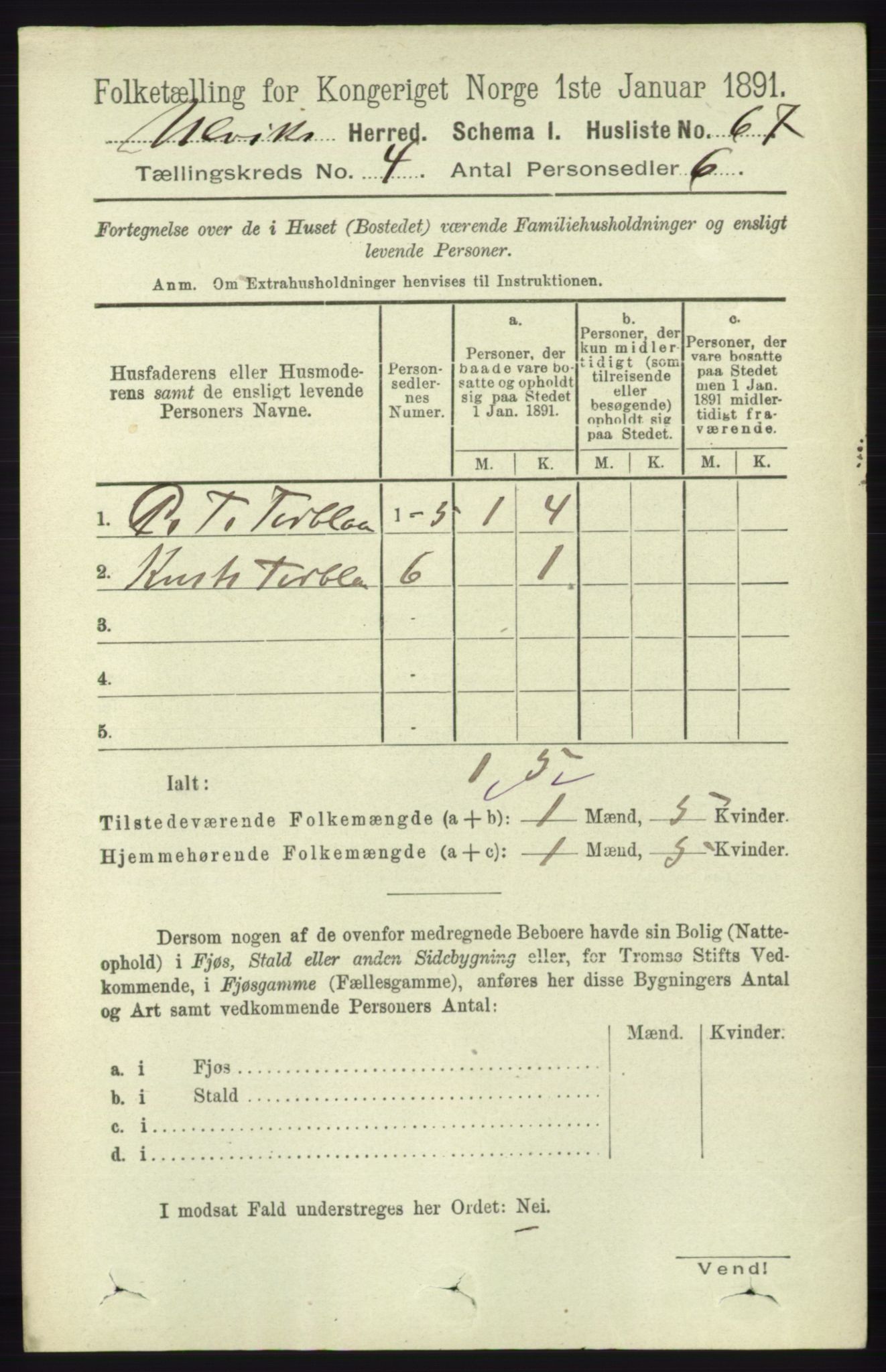 RA, 1891 census for 1233 Ulvik, 1891, p. 497