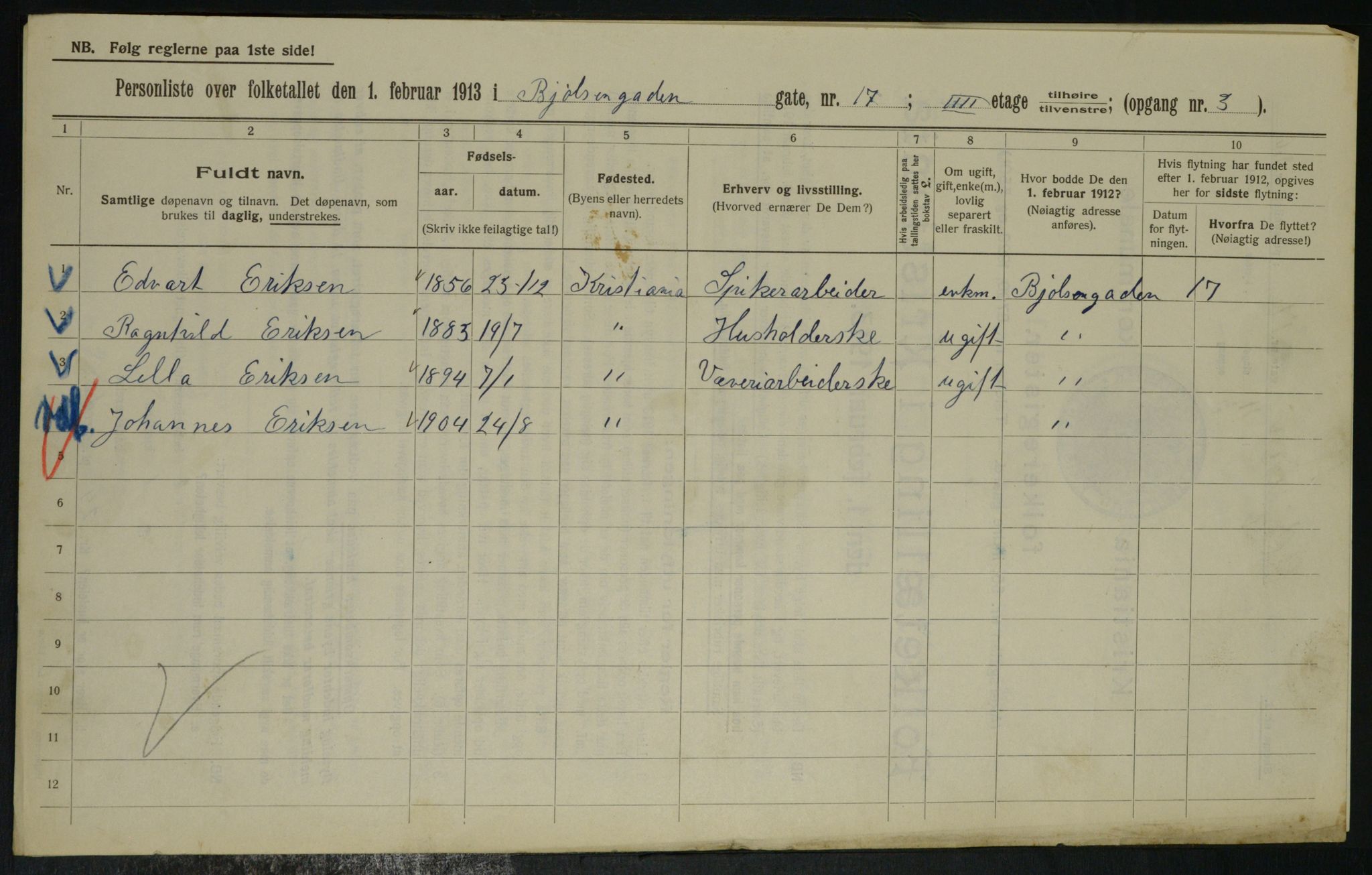 OBA, Municipal Census 1913 for Kristiania, 1913, p. 6433