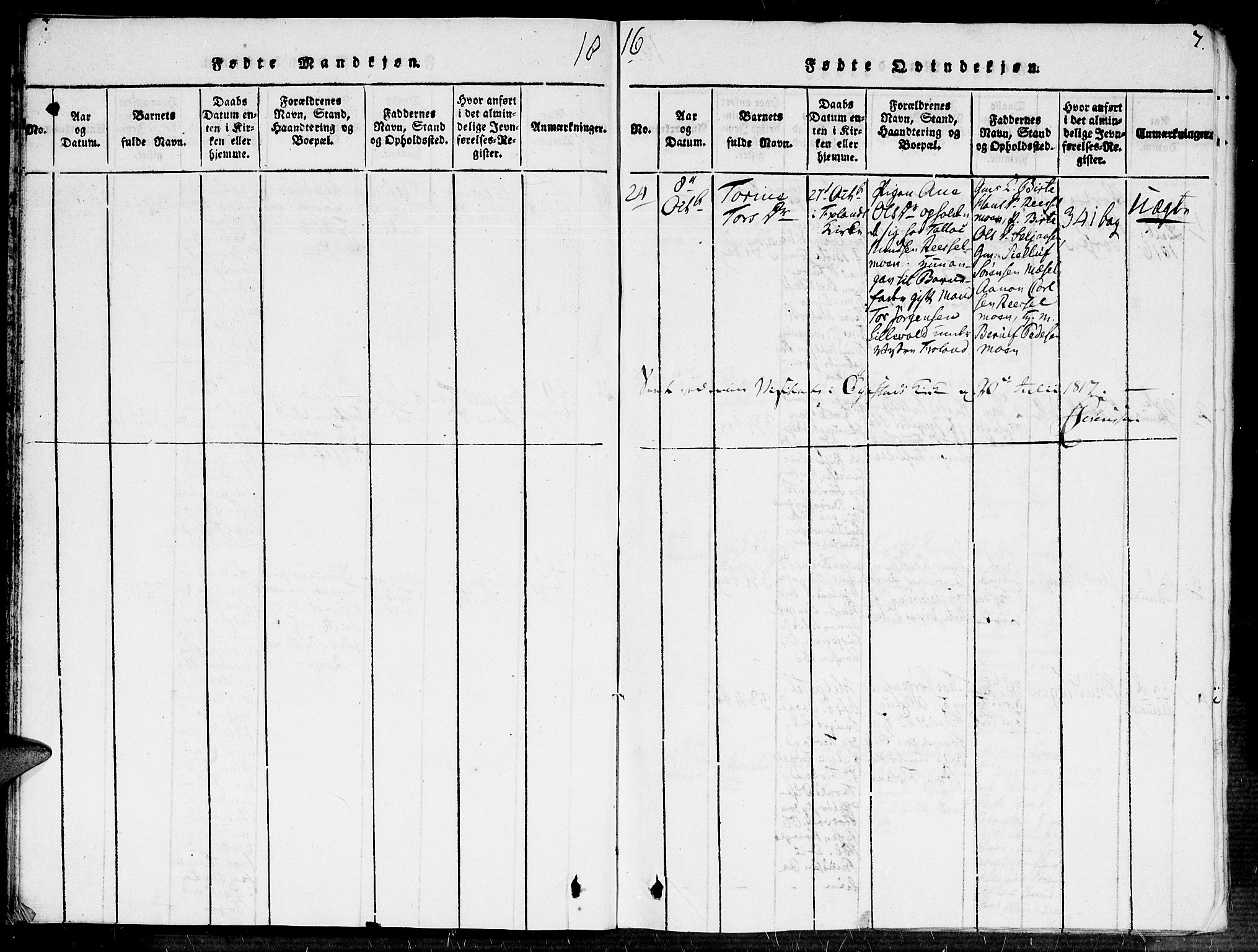 Fjære sokneprestkontor, SAK/1111-0011/F/Fa/L0001: Parish register (official) no. A 1 /2, 1816-1826, p. 7