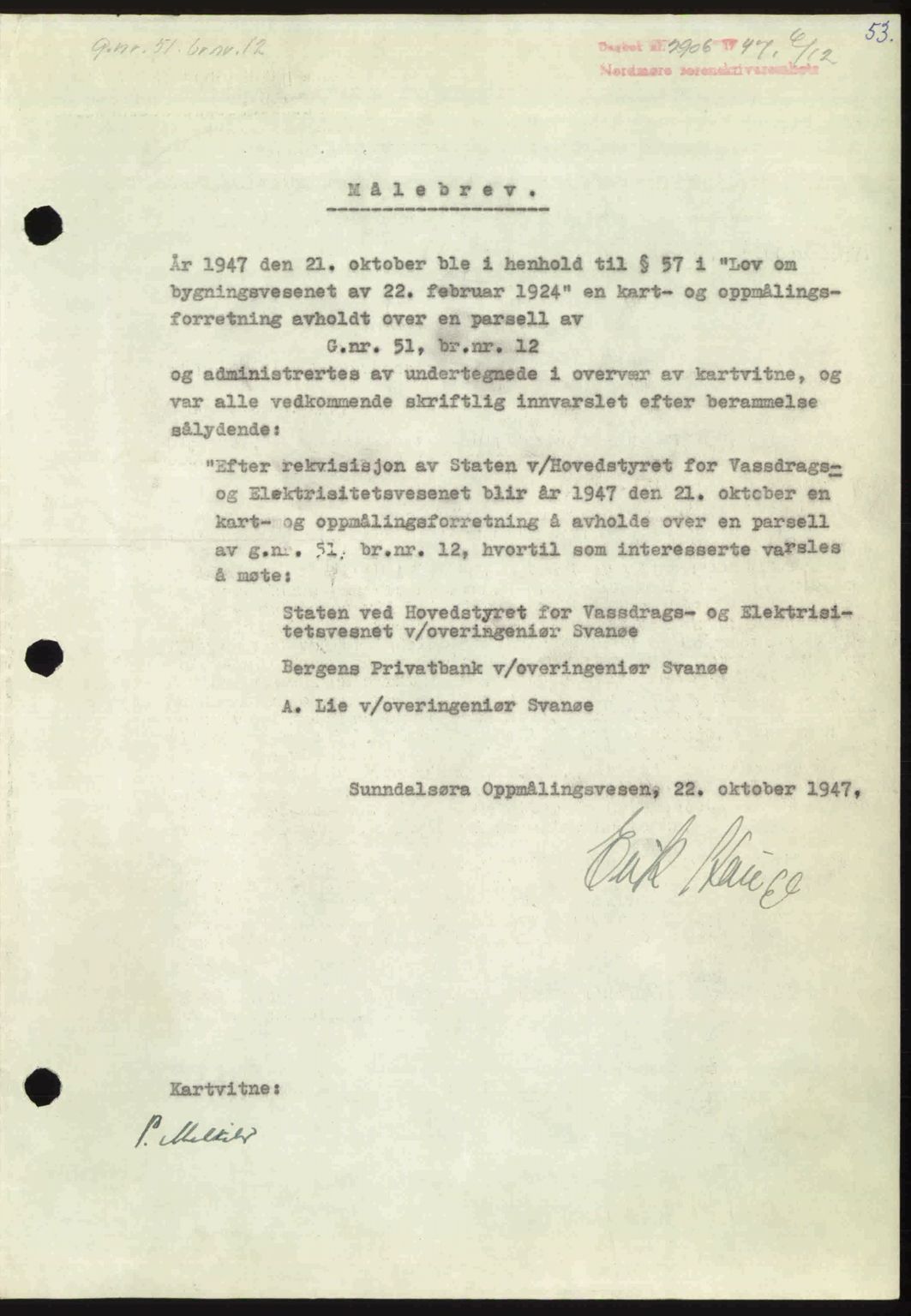 Nordmøre sorenskriveri, AV/SAT-A-4132/1/2/2Ca: Mortgage book no. A107, 1947-1948, Diary no: : 2906/1947