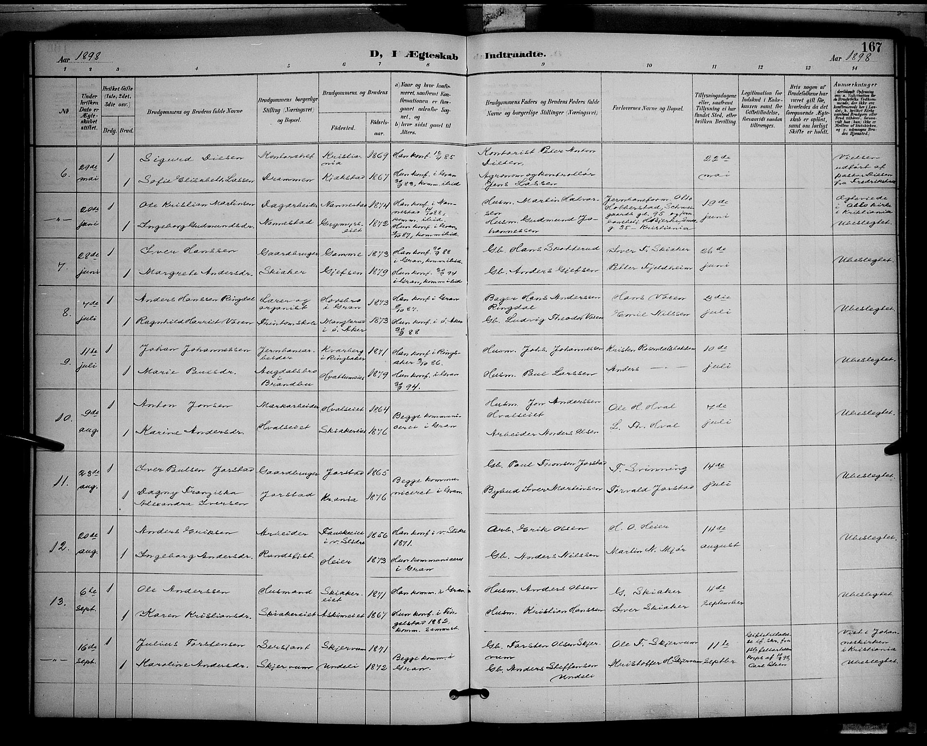Gran prestekontor, SAH/PREST-112/H/Ha/Hab/L0005: Parish register (copy) no. 5, 1892-1900, p. 167