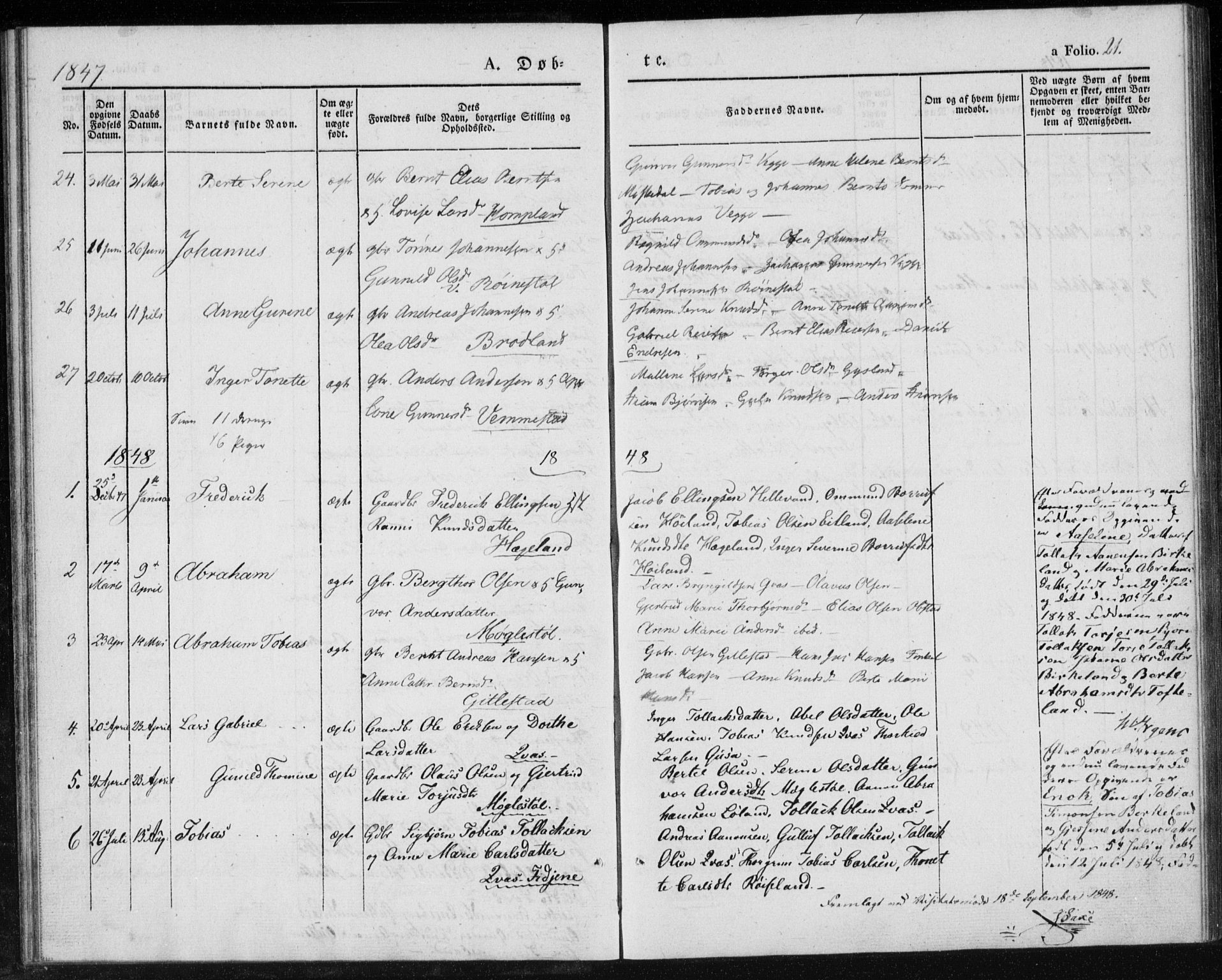 Lyngdal sokneprestkontor, AV/SAK-1111-0029/F/Fa/Fab/L0001: Parish register (official) no. A 1, 1838-1860, p. 21