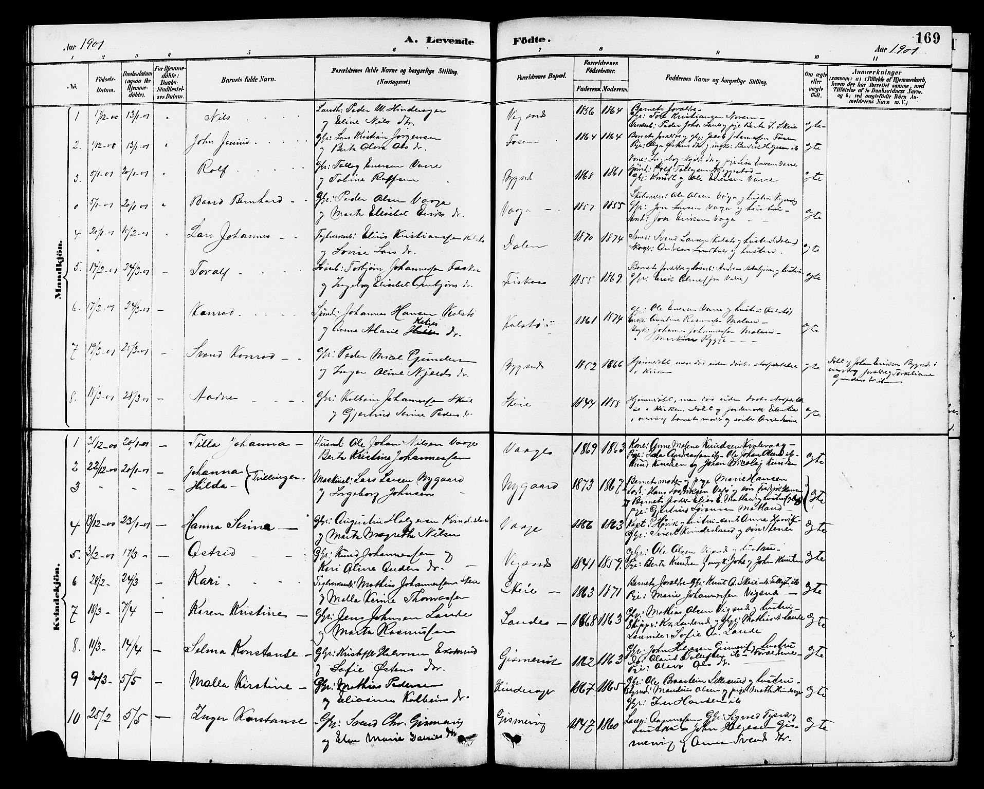 Avaldsnes sokneprestkontor, SAST/A -101851/H/Ha/Hab/L0007: Parish register (copy) no. B 7, 1885-1909, p. 169