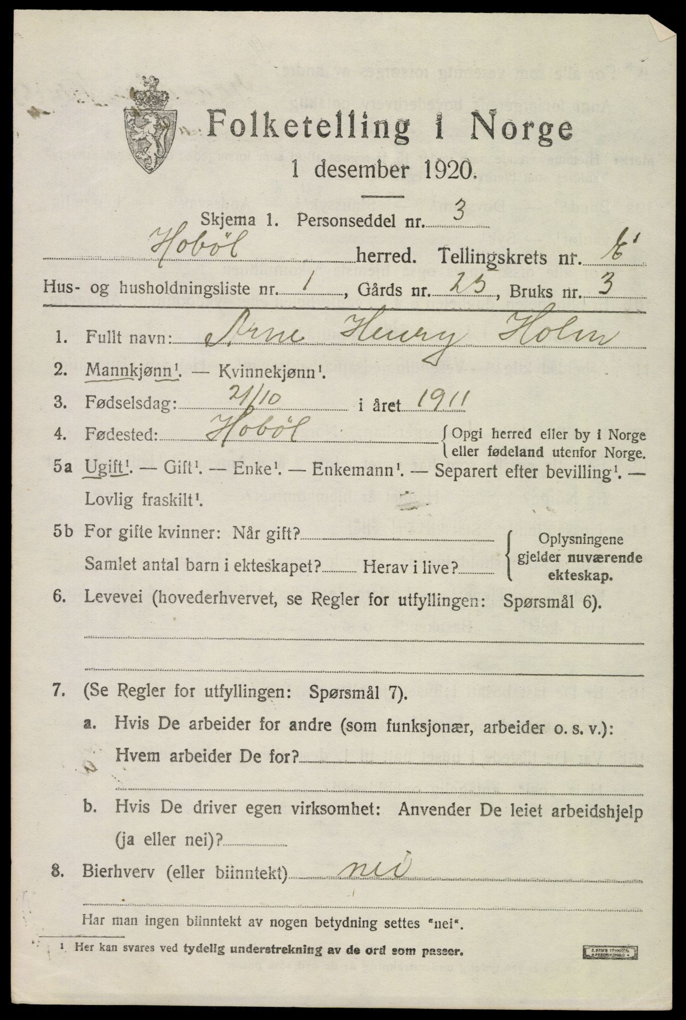 SAO, 1920 census for Hobøl, 1920, p. 5202