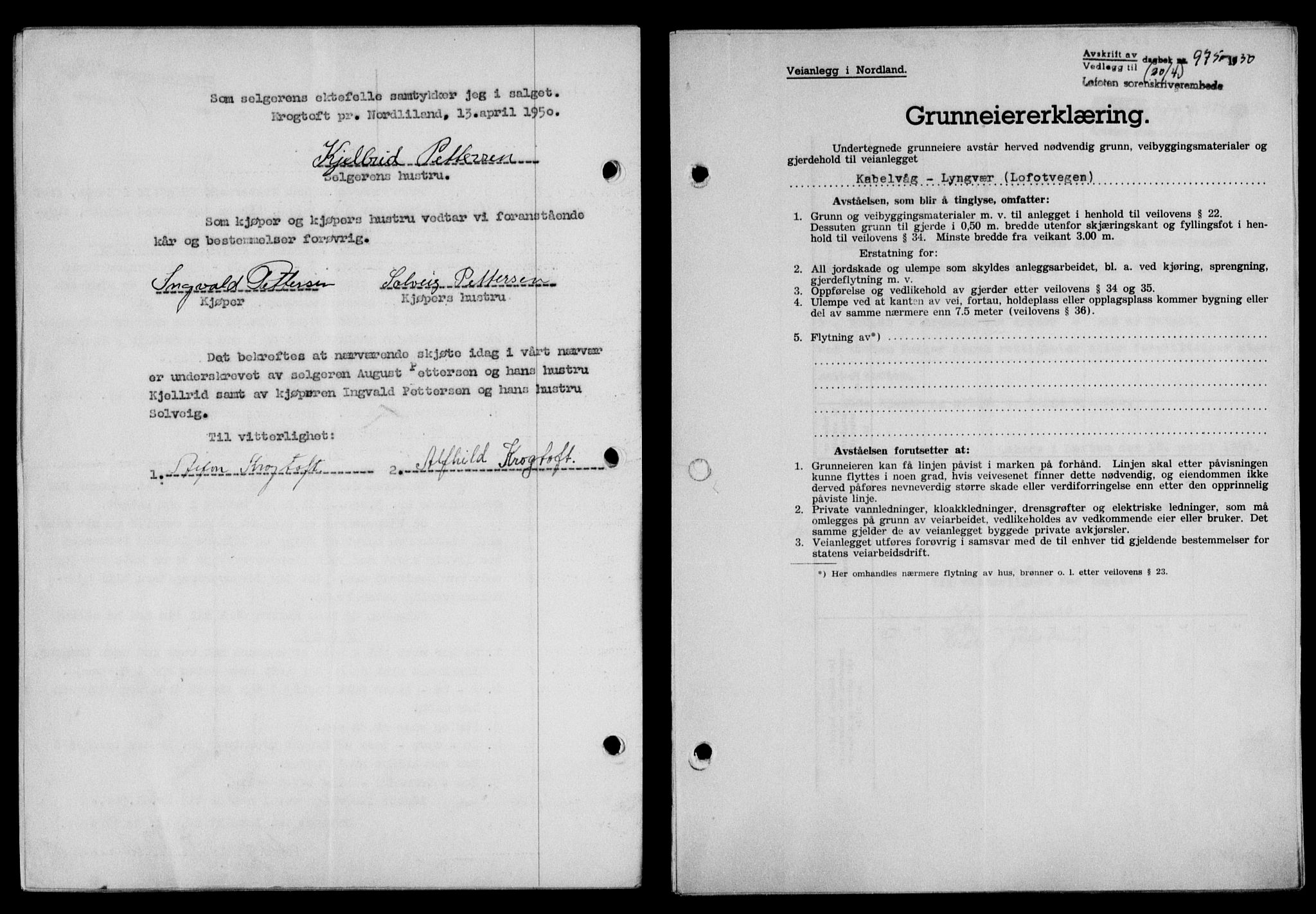 Lofoten sorenskriveri, SAT/A-0017/1/2/2C/L0023a: Mortgage book no. 23a, 1950-1950, Diary no: : 975/1950