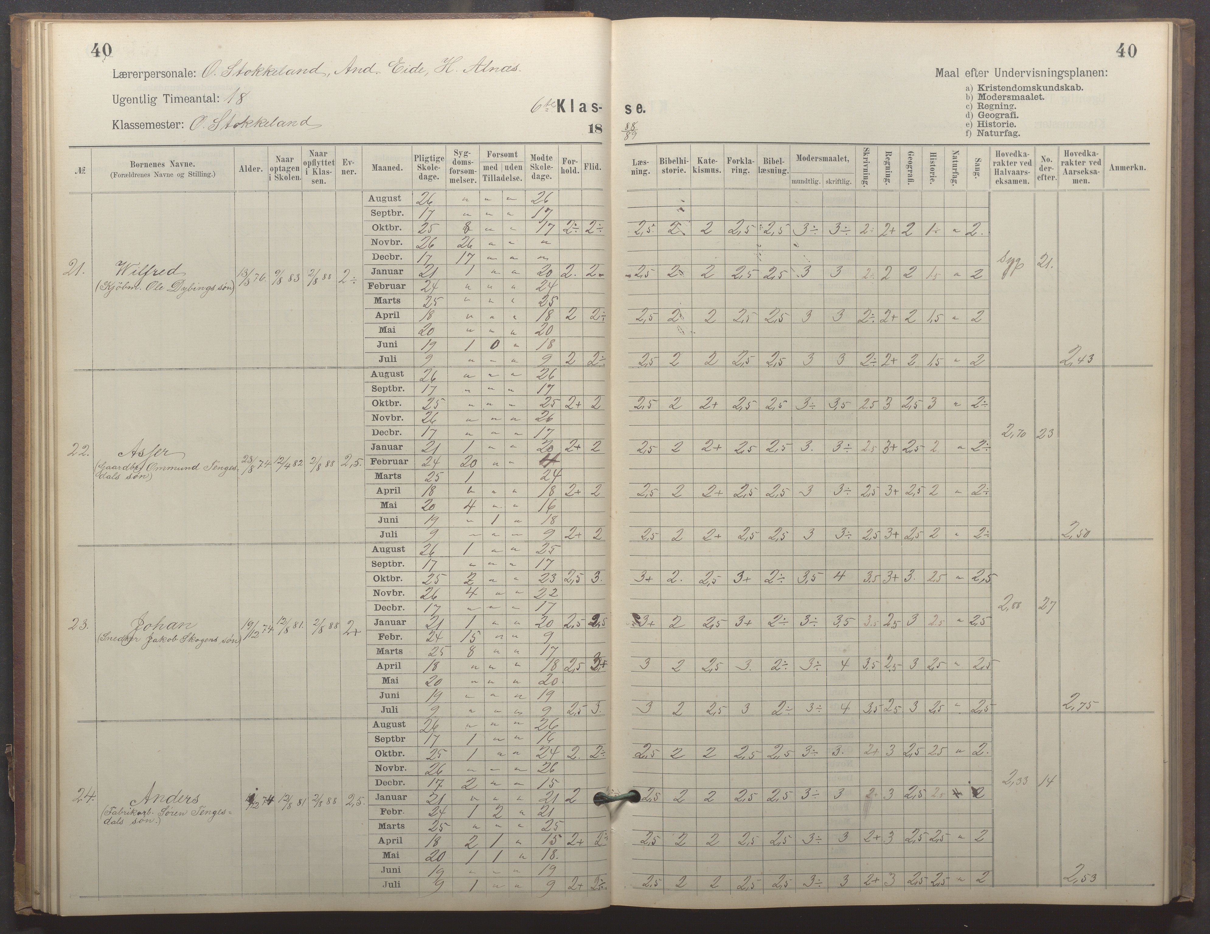 Egersund kommune (Ladested) - Egersund almueskole/folkeskole, IKAR/K-100521/H/L0023: Skoleprotokoll - Almueskolen, 6. klasse, 1886-1892, p. 40