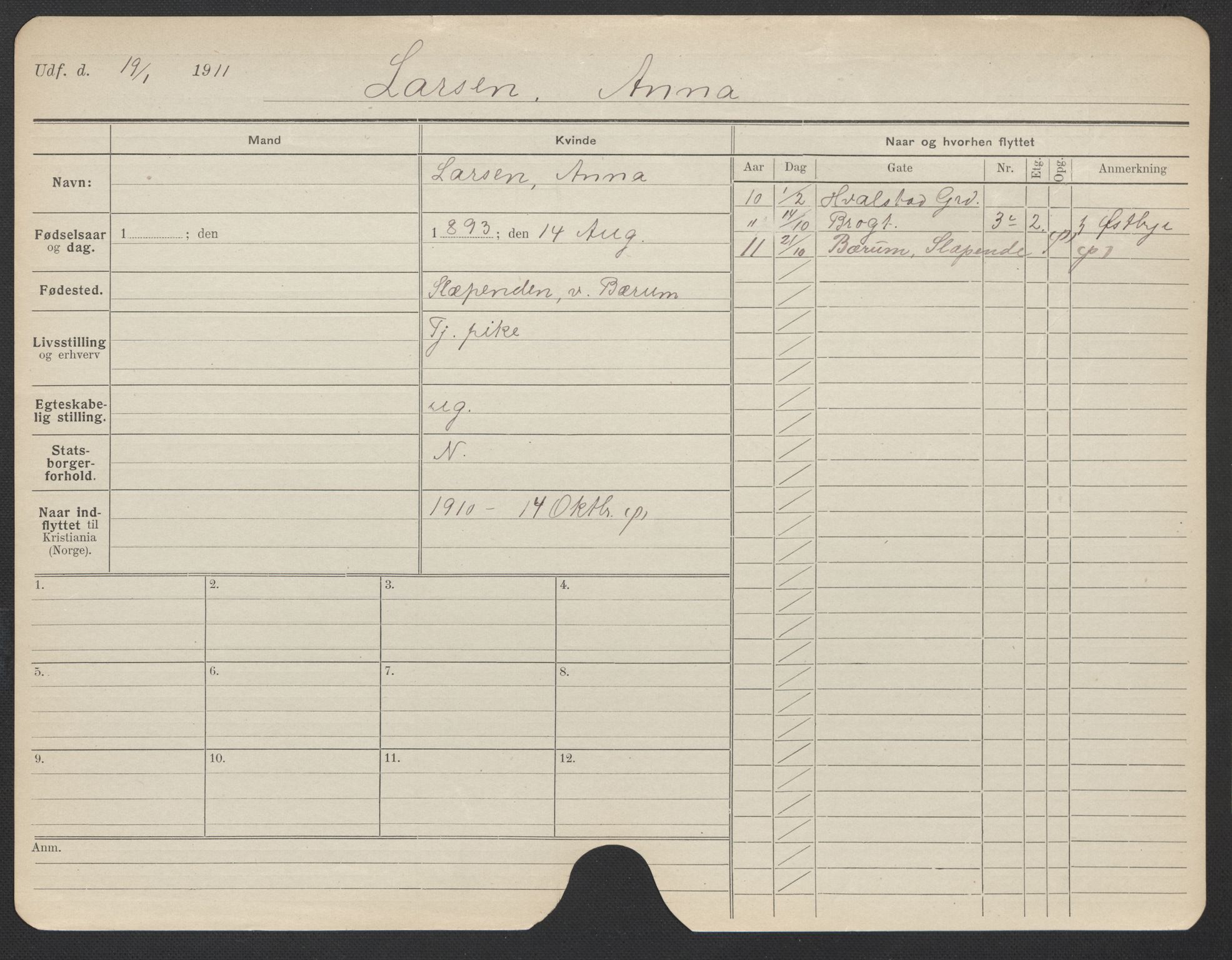 Oslo folkeregister, Registerkort, AV/SAO-A-11715/F/Fa/Fac/L0019: Kvinner, 1906-1914, p. 807a