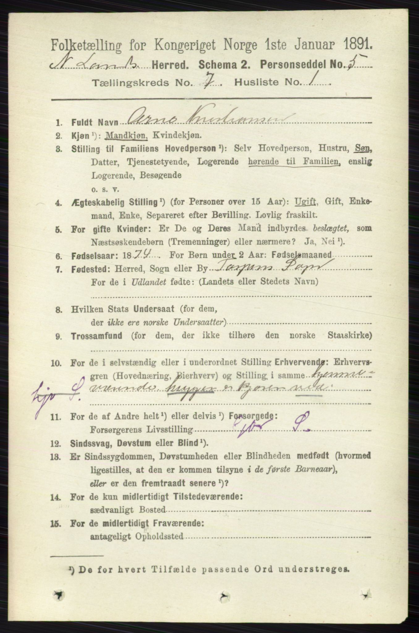 RA, 1891 census for 0538 Nordre Land, 1891, p. 1939