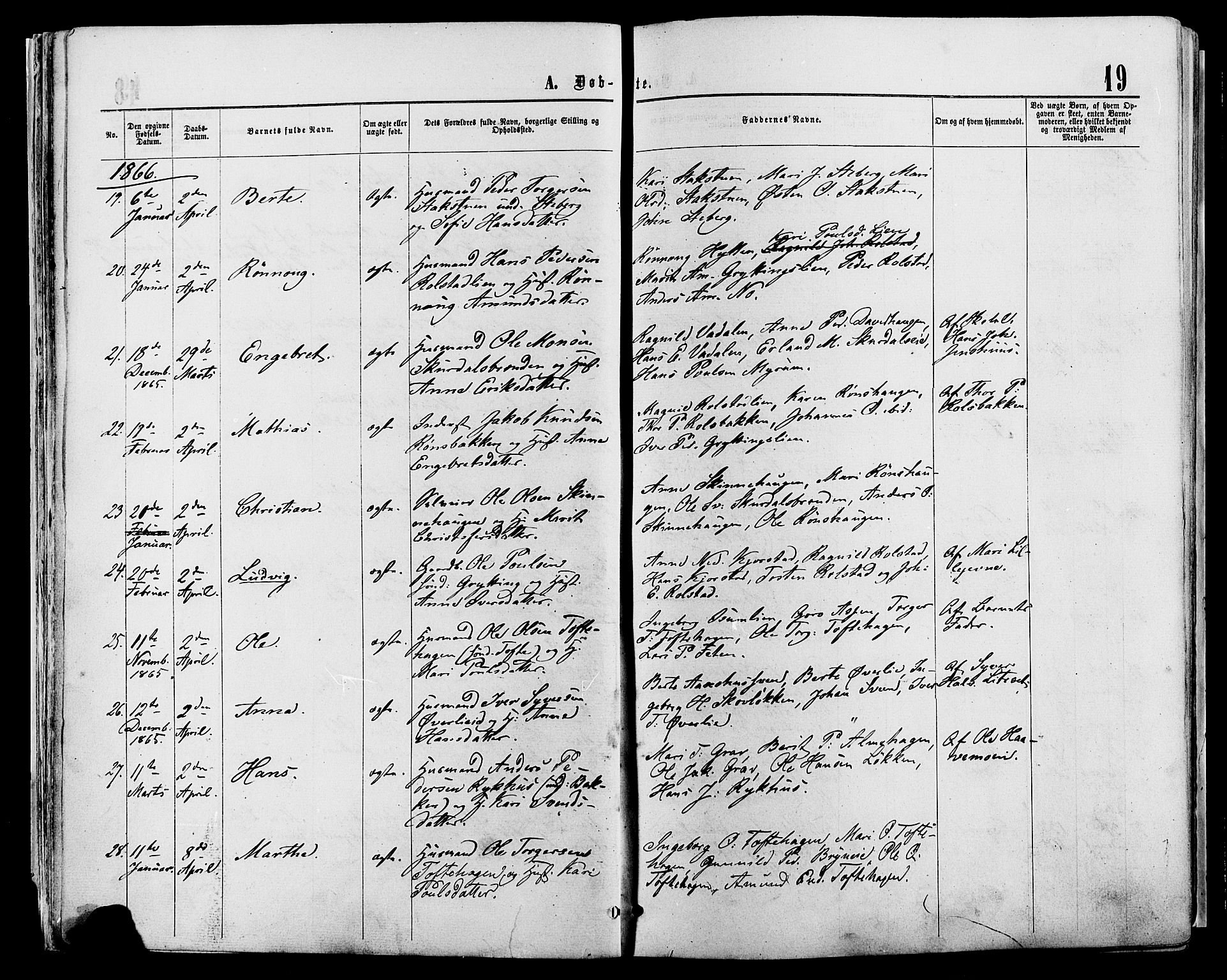 Sør-Fron prestekontor, AV/SAH-PREST-010/H/Ha/Haa/L0002: Parish register (official) no. 2, 1864-1880, p. 19