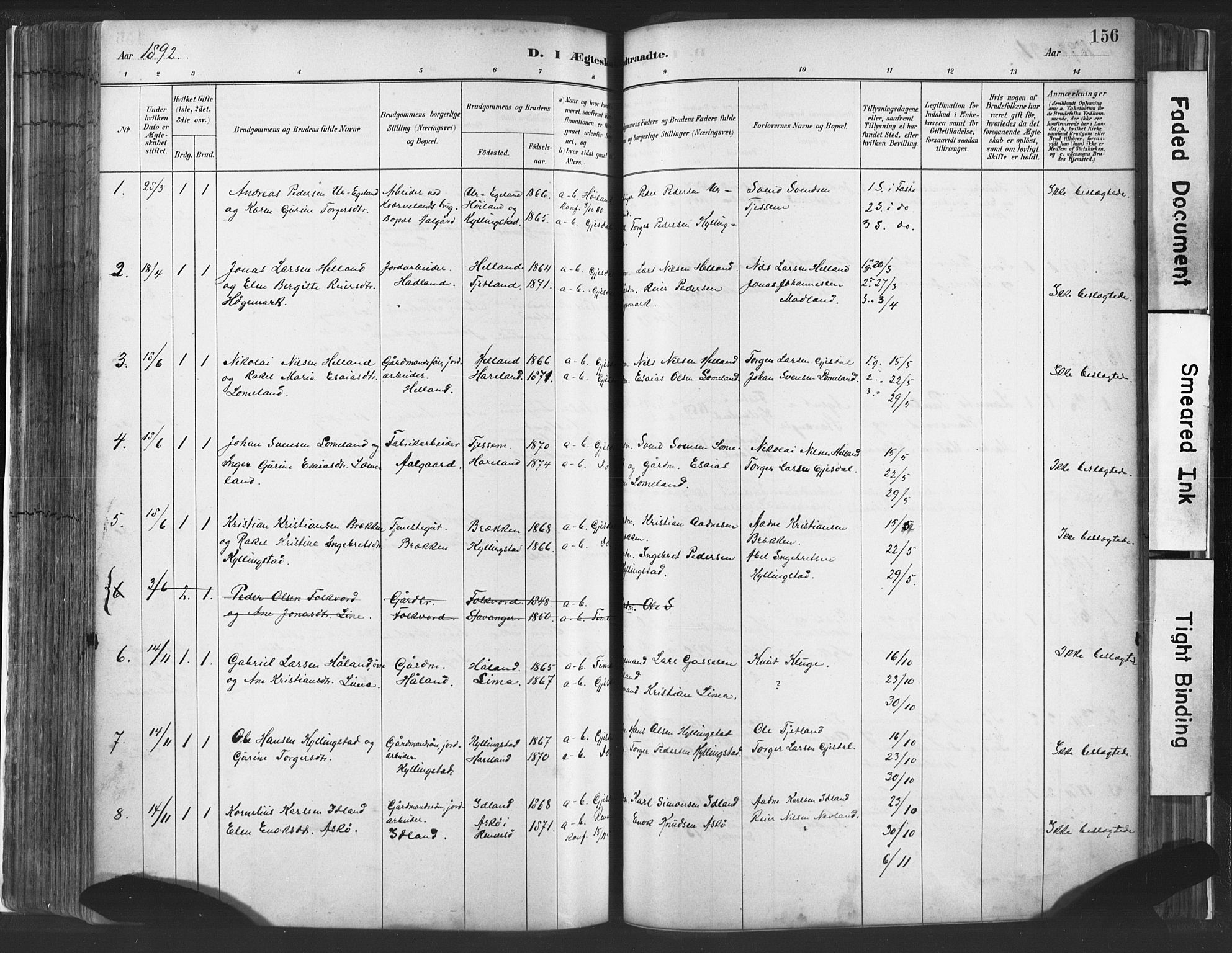 Lye sokneprestkontor, SAST/A-101794/001/30BA/L0010: Parish register (official) no. A 10, 1881-1896, p. 156