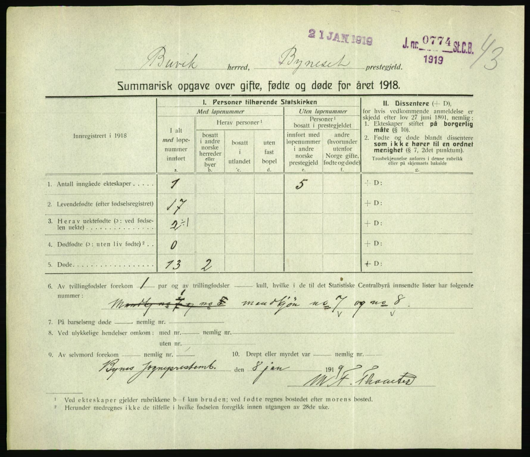 Statistisk sentralbyrå, Sosiodemografiske emner, Befolkning, RA/S-2228/D/Df/Dfb/Dfbh/L0059: Summariske oppgaver over gifte, fødte og døde for hele landet., 1918, p. 1329