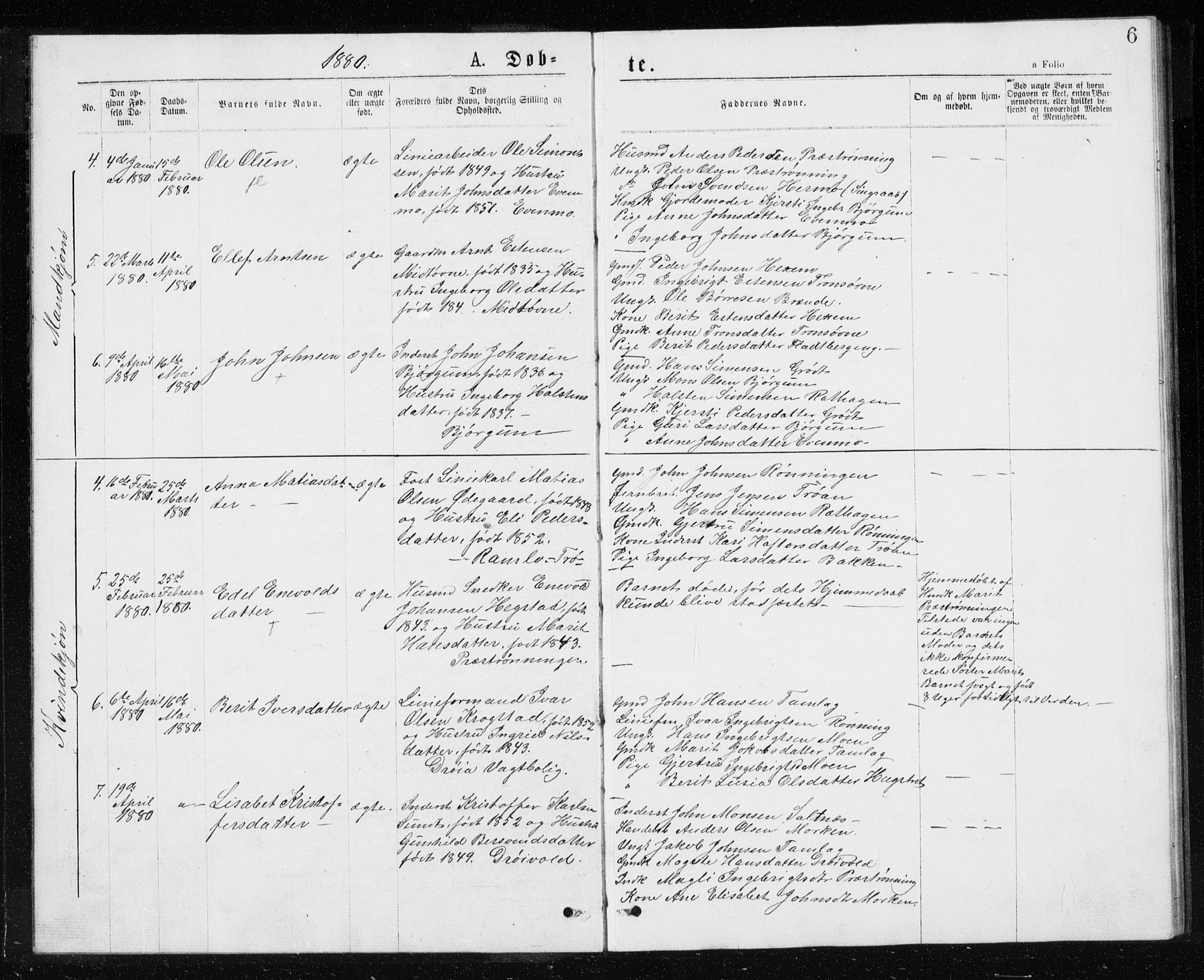Ministerialprotokoller, klokkerbøker og fødselsregistre - Sør-Trøndelag, SAT/A-1456/685/L0977: Parish register (copy) no. 685C02, 1879-1890, p. 6