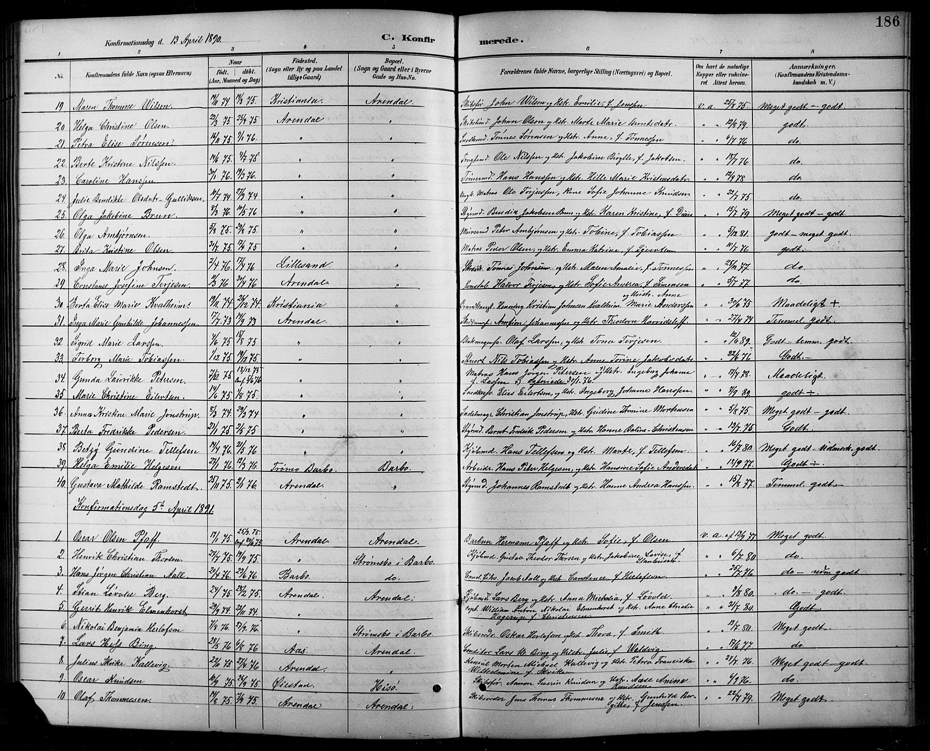 Arendal sokneprestkontor, Trefoldighet, SAK/1111-0040/F/Fb/L0006: Parish register (copy) no. B 6, 1889-1916, p. 186