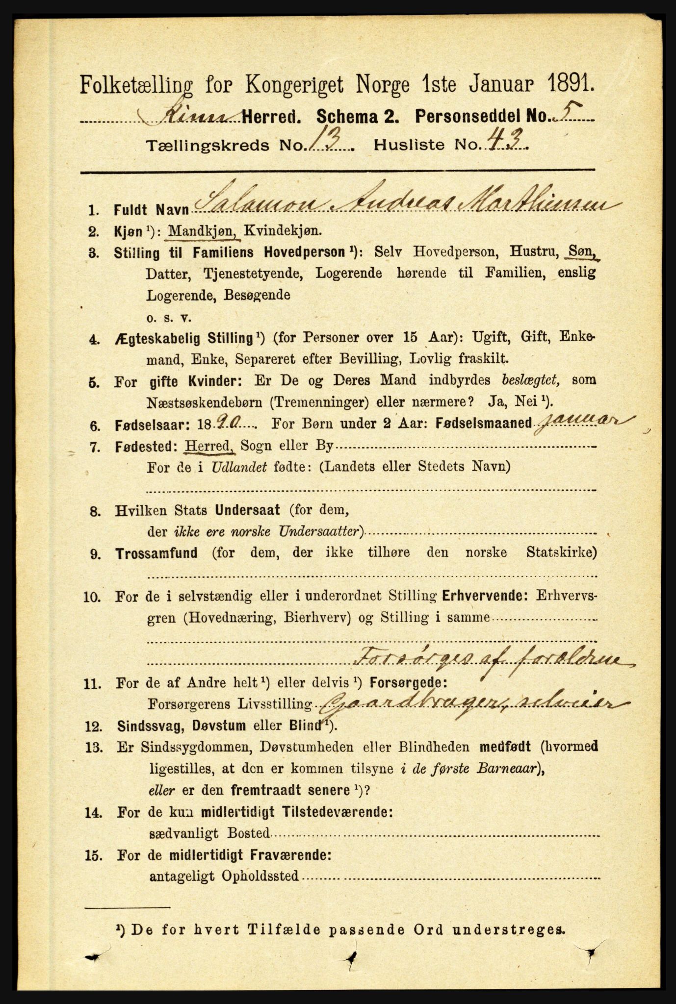 RA, 1891 census for 1437 Kinn, 1891, p. 5357