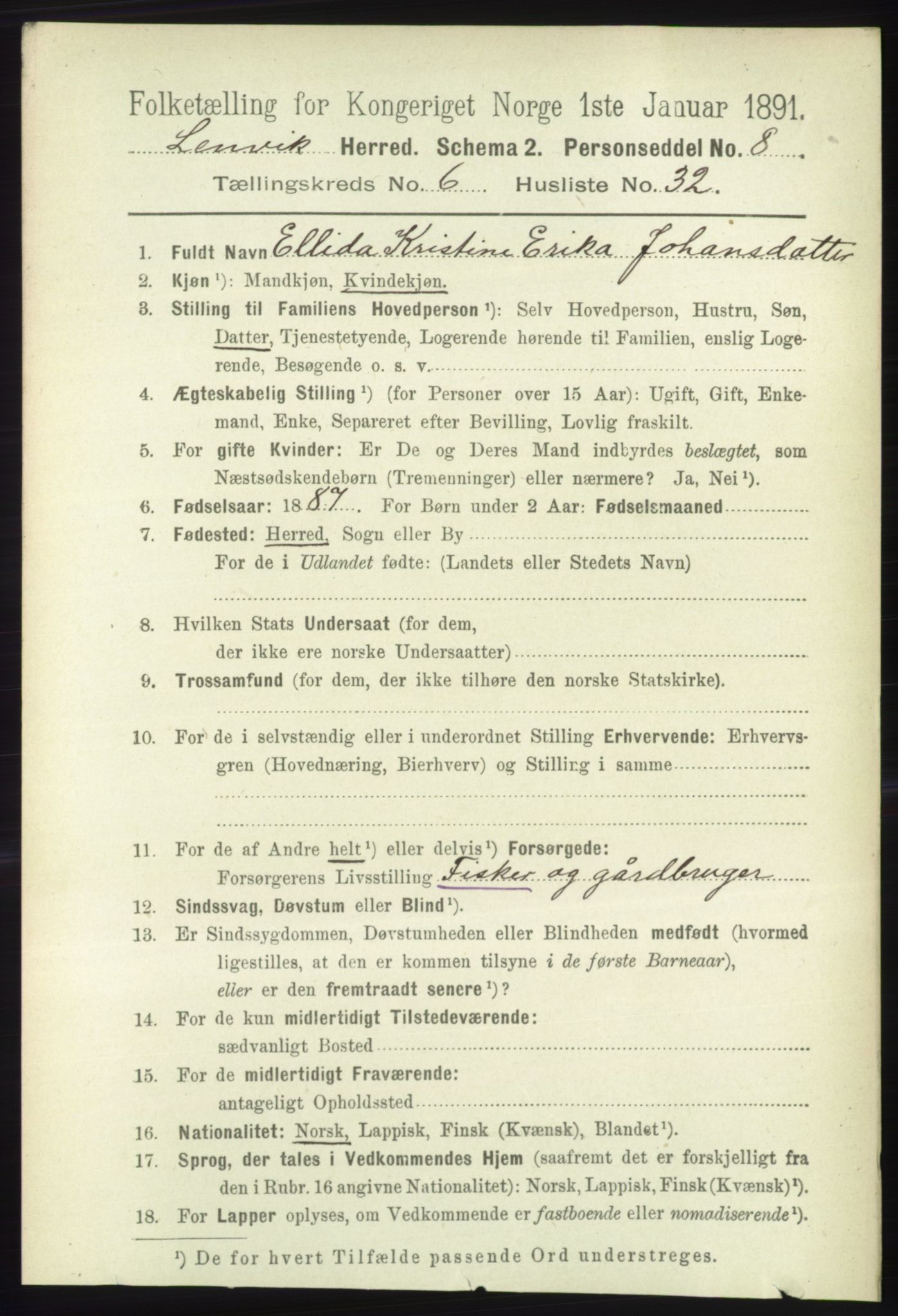 RA, 1891 census for 1931 Lenvik, 1891, p. 3431