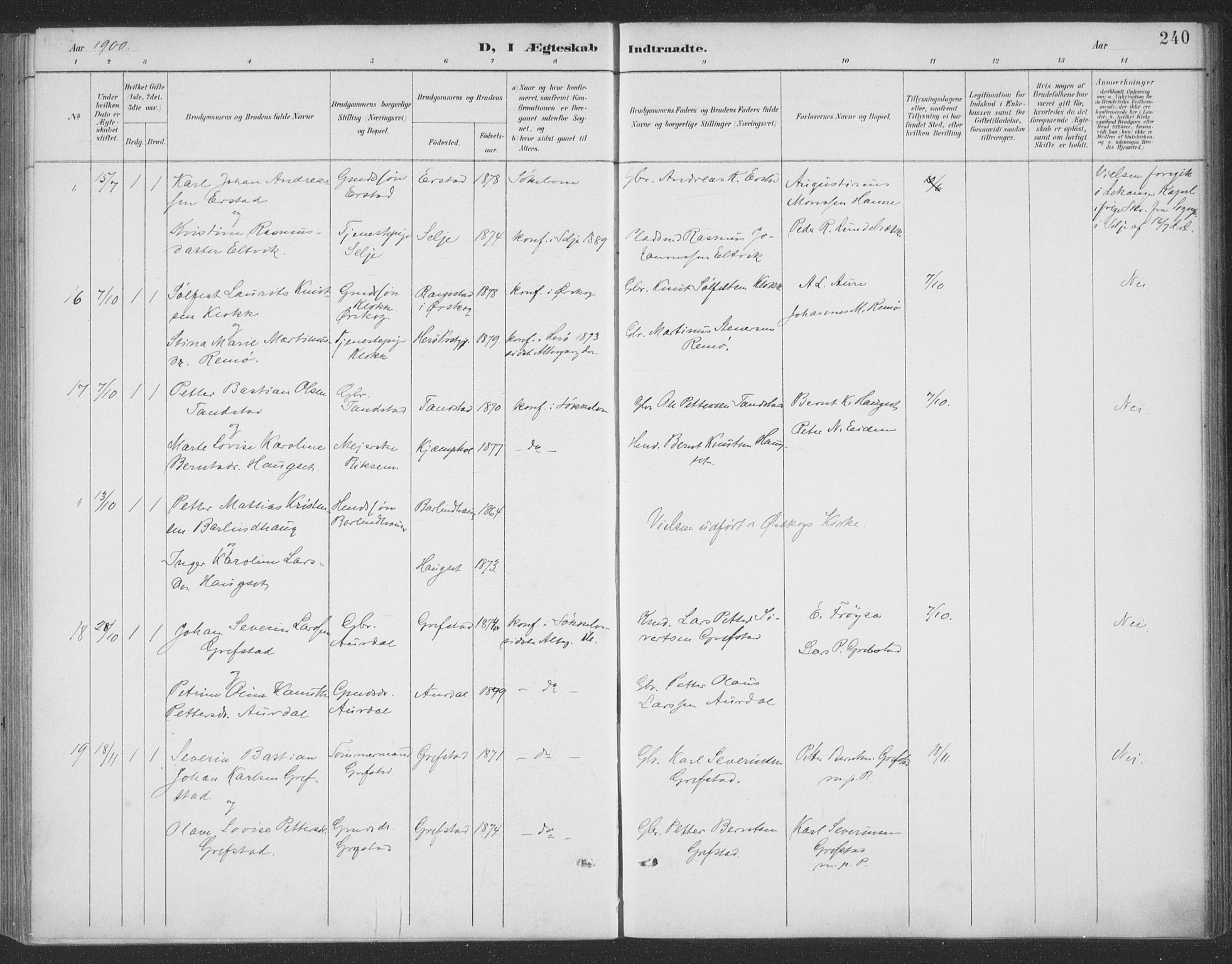 Ministerialprotokoller, klokkerbøker og fødselsregistre - Møre og Romsdal, SAT/A-1454/523/L0335: Parish register (official) no. 523A02, 1891-1911, p. 240