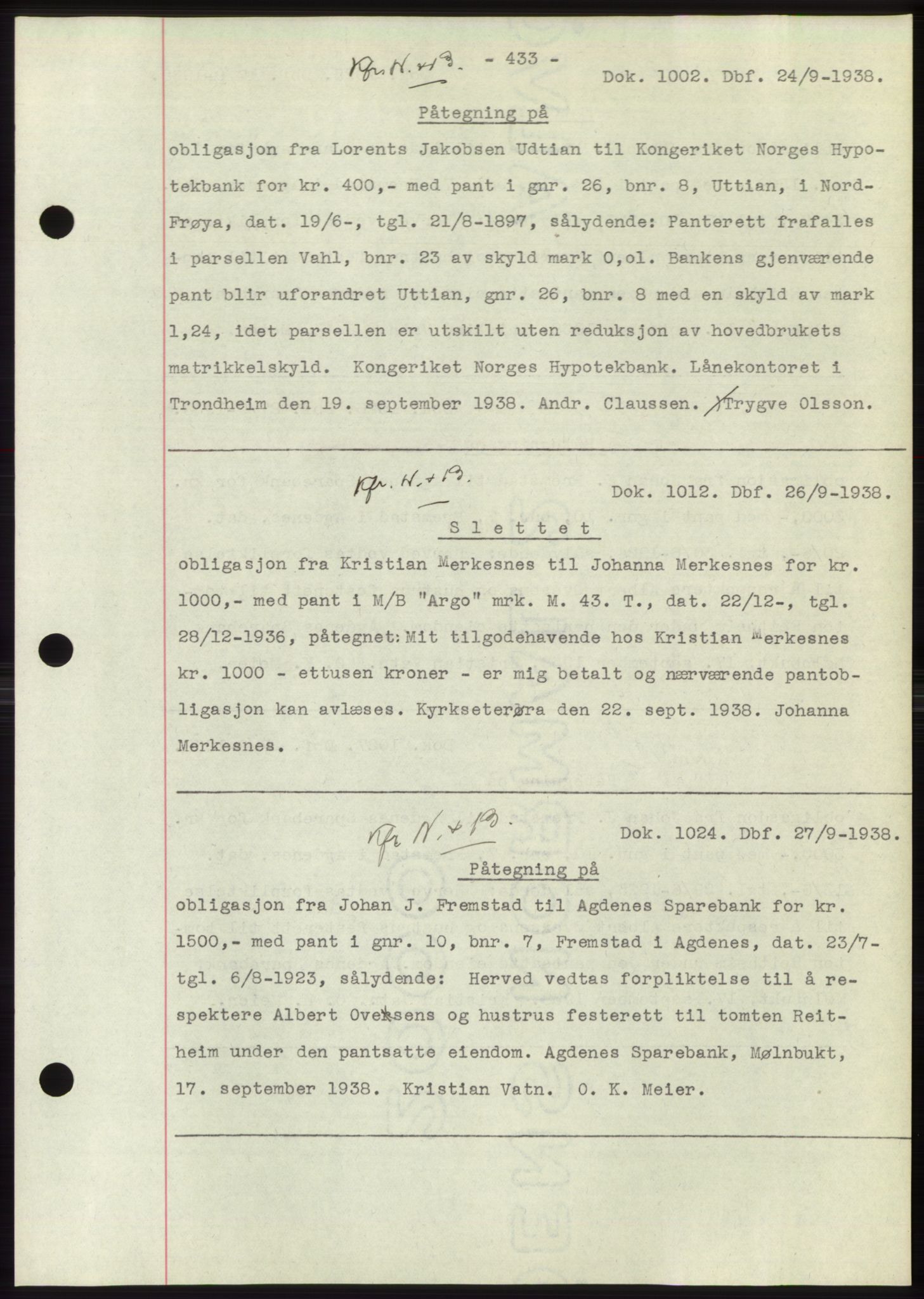 Hitra sorenskriveri, AV/SAT-A-0018/2/2C/2Ca: Mortgage book no. C1, 1936-1945, Diary no: : 1002/1938