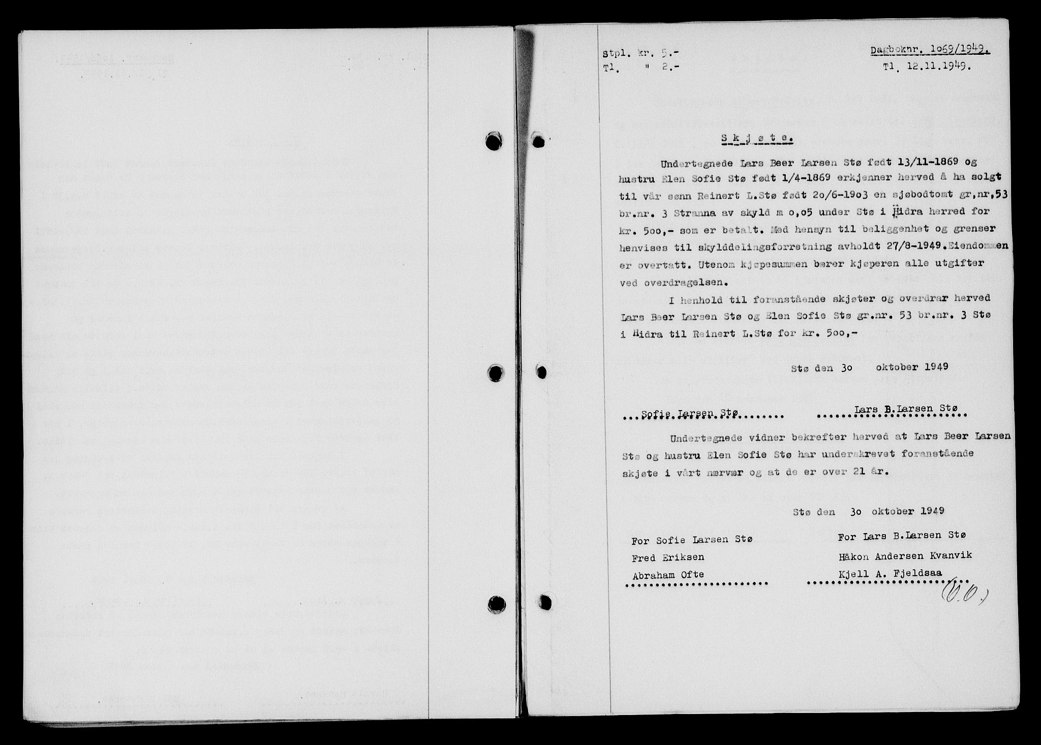 Flekkefjord sorenskriveri, SAK/1221-0001/G/Gb/Gba/L0065: Mortgage book no. A-13, 1949-1949, Diary no: : 1069/1949