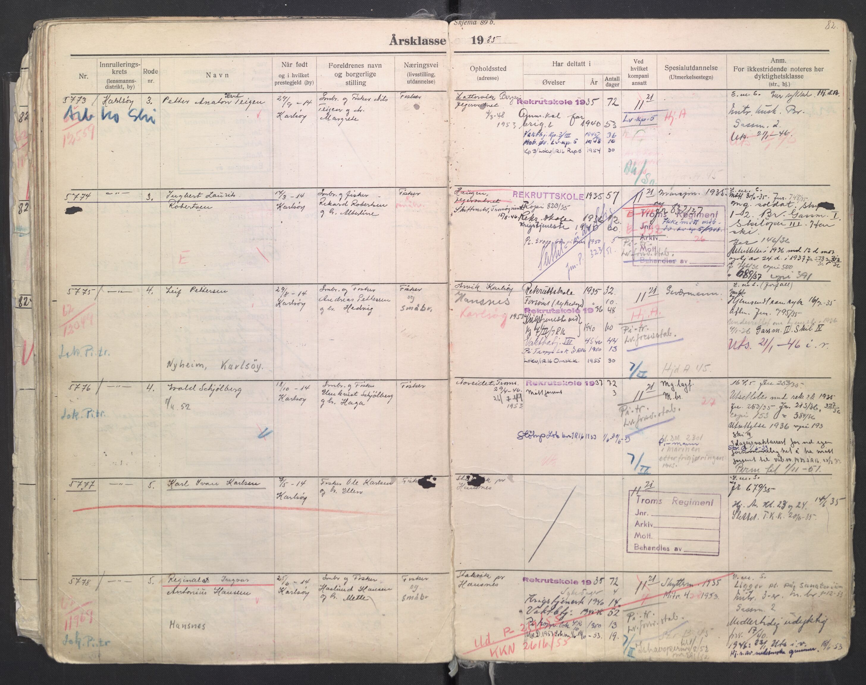 Forsvaret, Troms infanteriregiment nr. 16, AV/RA-RAFA-3146/P/Pa/L0006/0008: Ruller / Rulle for regimentets menige mannskaper, årsklasse 1935, 1935, p. 82