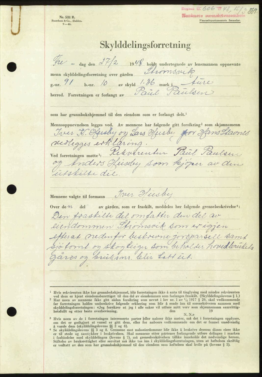 Nordmøre sorenskriveri, AV/SAT-A-4132/1/2/2Ca: Mortgage book no. A107, 1947-1948, Diary no: : 606/1948