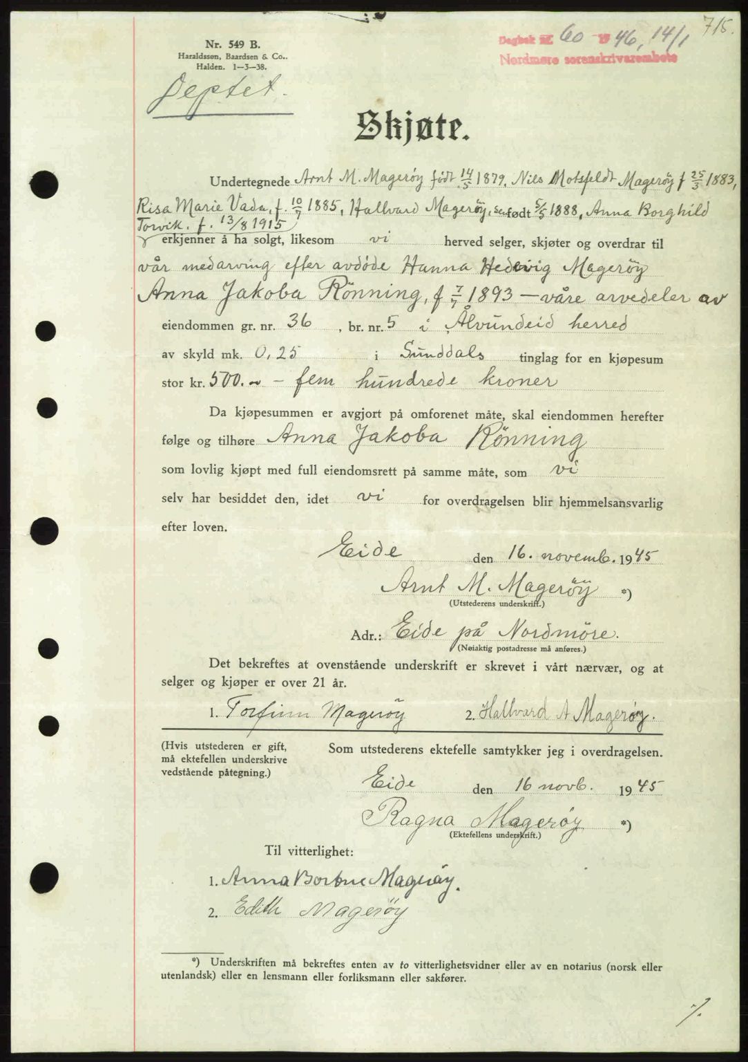 Nordmøre sorenskriveri, AV/SAT-A-4132/1/2/2Ca: Mortgage book no. A100b, 1946-1946, Diary no: : 60/1946