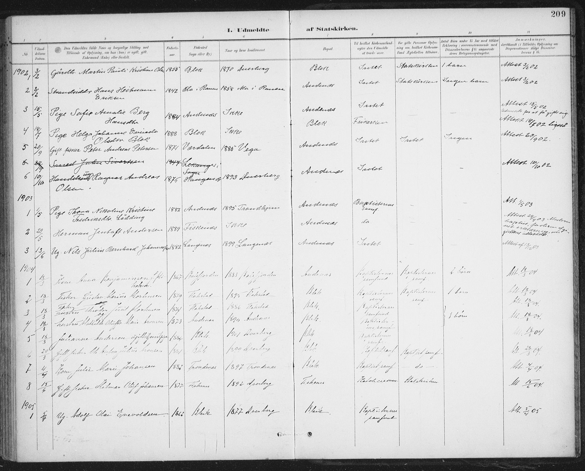 Ministerialprotokoller, klokkerbøker og fødselsregistre - Nordland, SAT/A-1459/899/L1437: Parish register (official) no. 899A05, 1897-1908, p. 209
