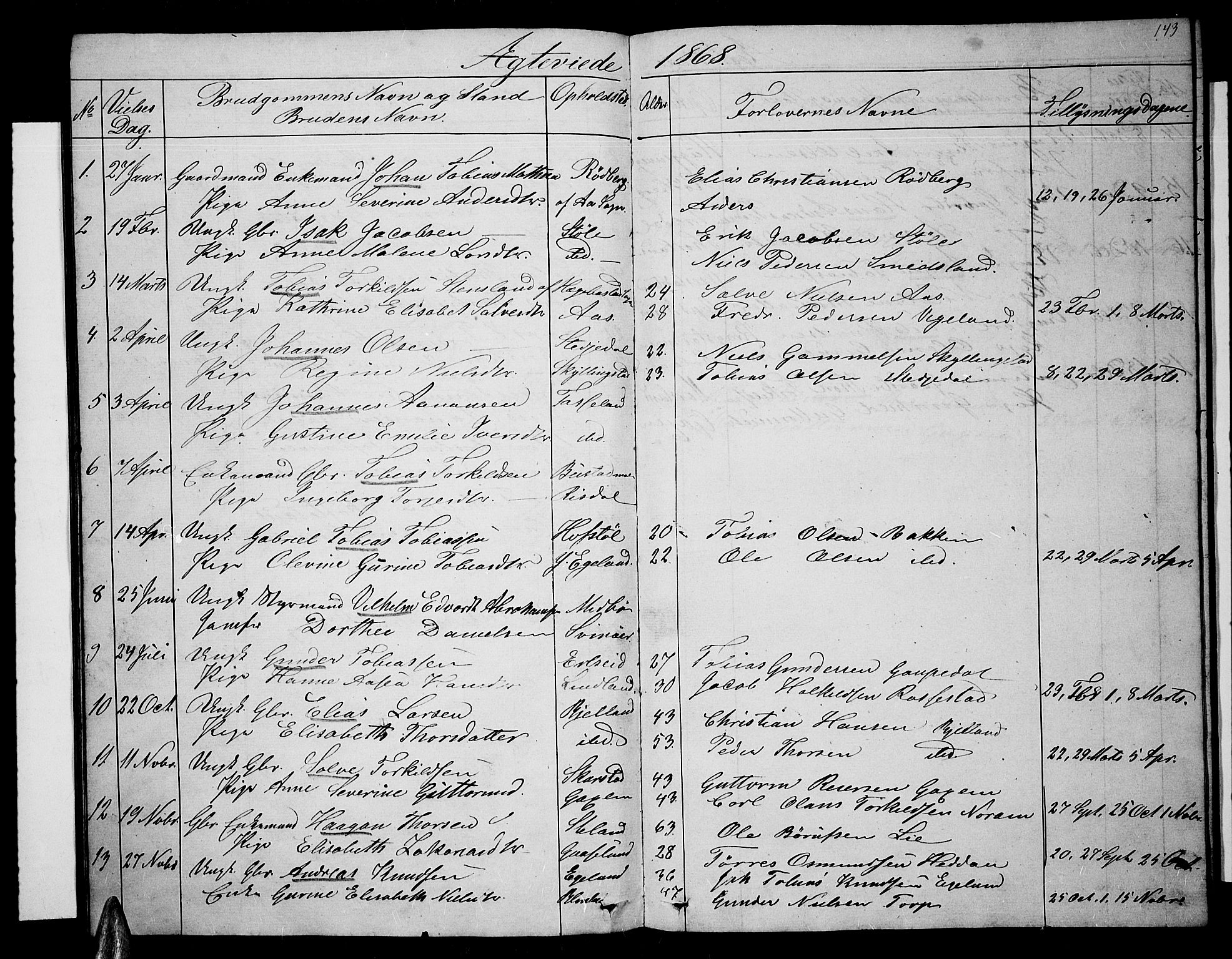 Sør-Audnedal sokneprestkontor, AV/SAK-1111-0039/F/Fb/Fbb/L0003: Parish register (copy) no. B 3, 1859-1868, p. 143