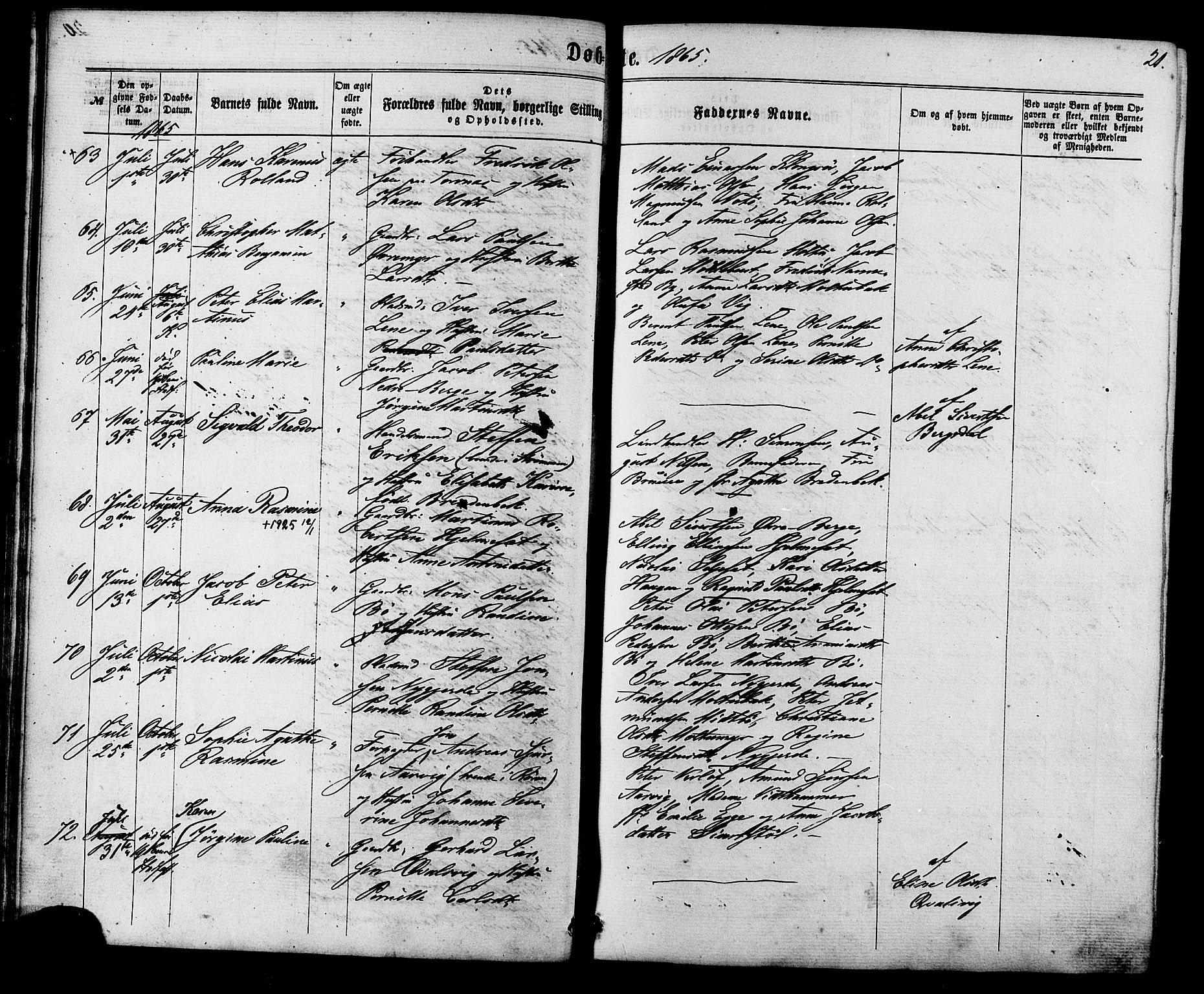 Ministerialprotokoller, klokkerbøker og fødselsregistre - Møre og Romsdal, AV/SAT-A-1454/507/L0071: Parish register (official) no. 507A06, 1863-1878, p. 21
