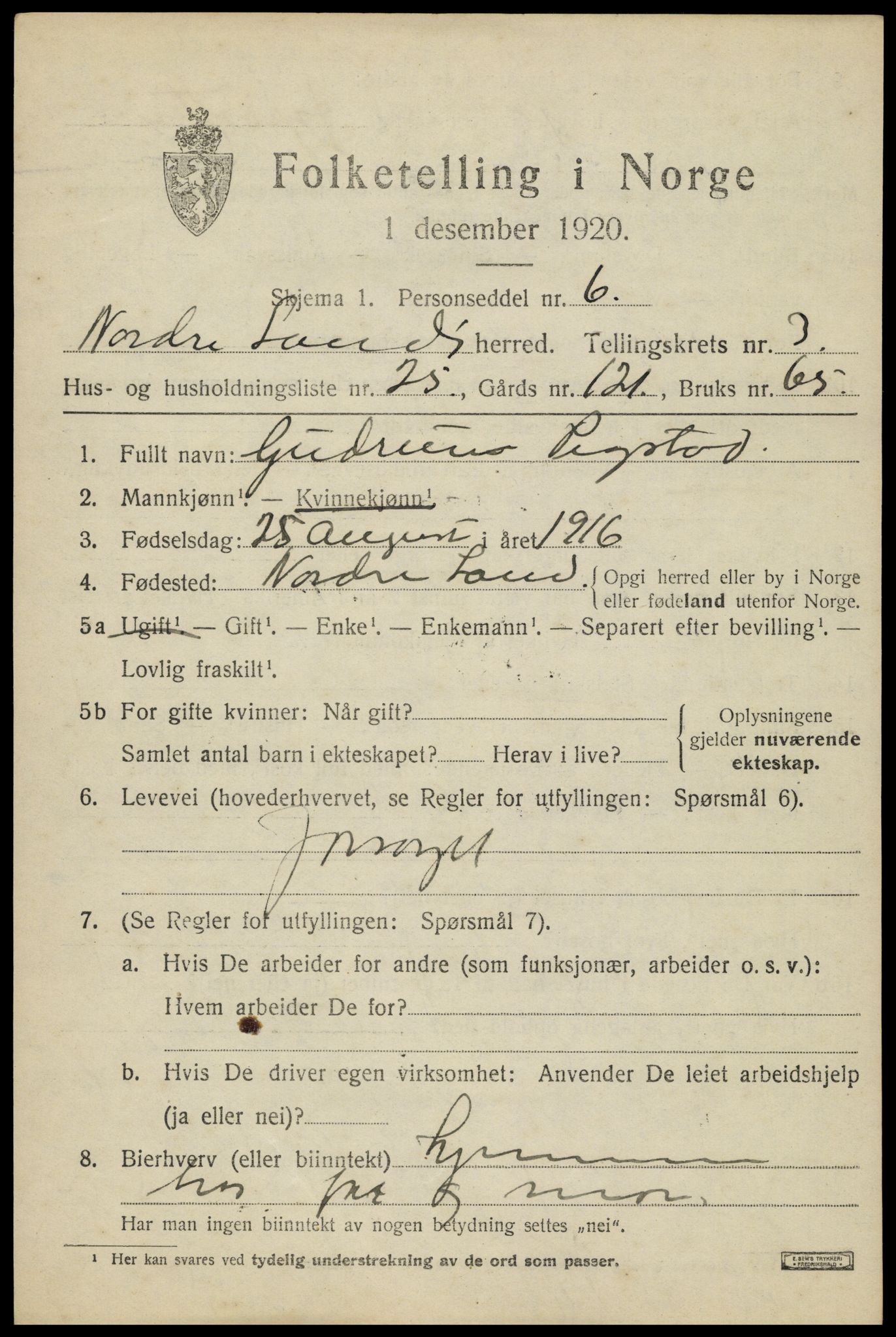 SAH, 1920 census for Nordre Land, 1920, p. 2503
